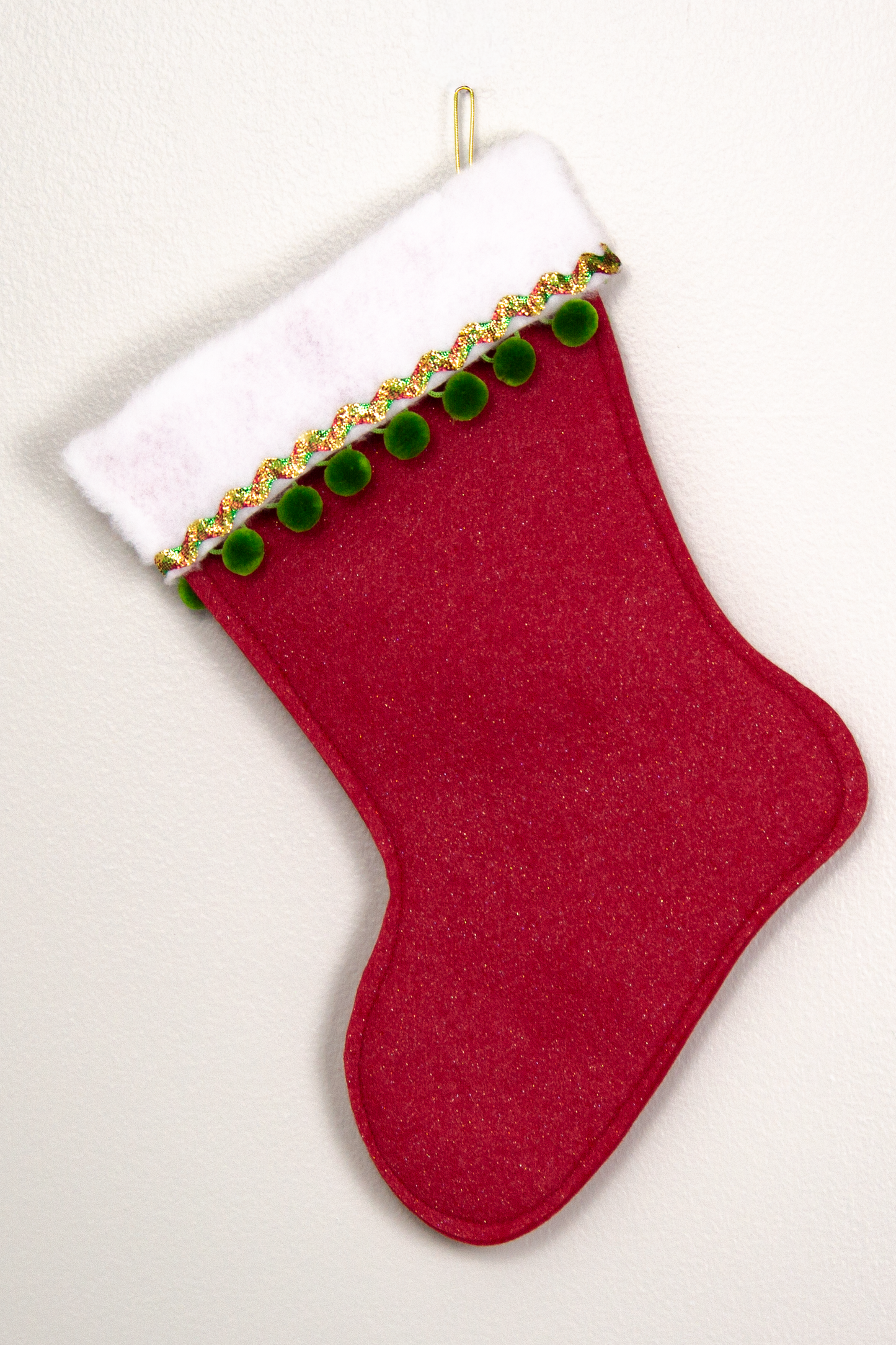 White Labradoodle dog on red felt Christmas stocking