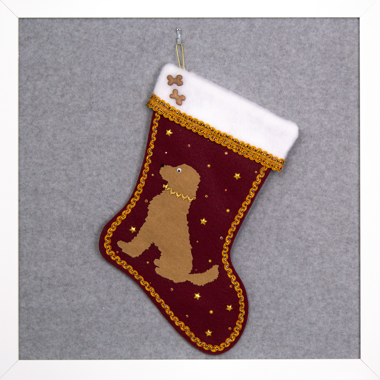 Golden tan labradoodle dog on ruby red felt one of a kind handmade Christmas stocking with gold decor accents.