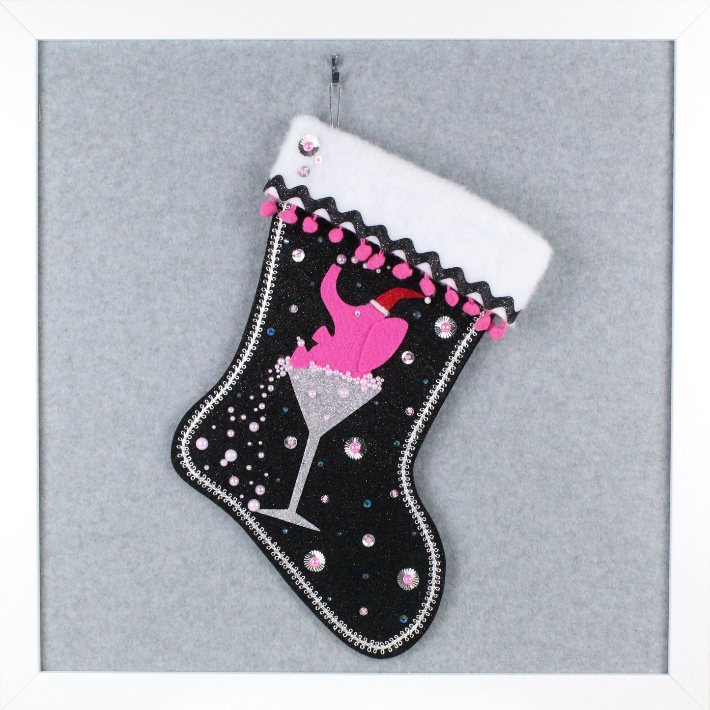 Pink elephant in silver glitter glass on black glitter felt OOAK handmade Christmas stocking with silver decoration.