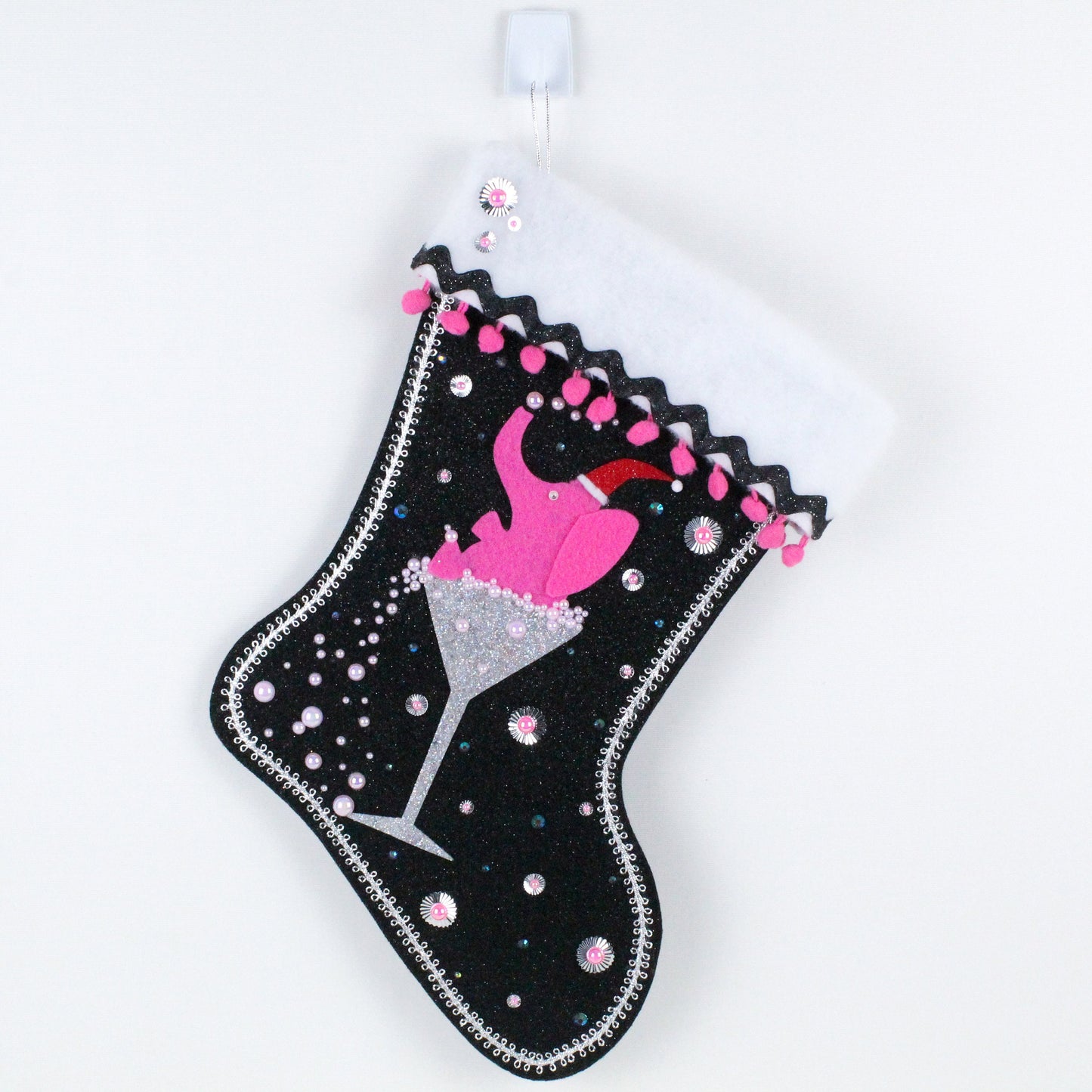 Candy pink Drunk Elephant on black felt Christmas stocking