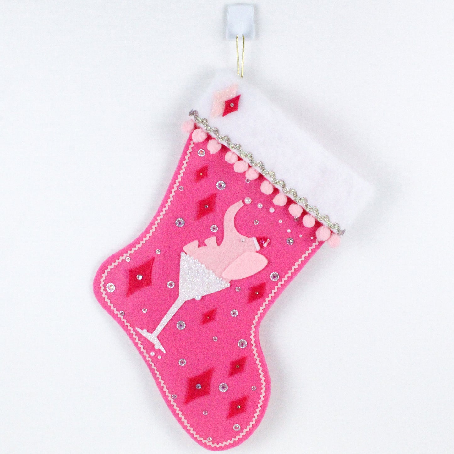 Light pink Drunk Elephant on candy pink felt Christmas stocking