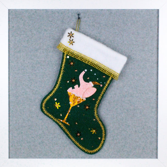 Light pink glitter elephant in shiny gold glass on dark green sparkly felt OOAK handmade Christmas stocking with gold decorations.