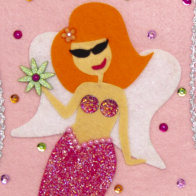 Ethel Mermaid with orange hair, glittered pink felt fin/tail, wings in white felt & glittery silver mesh, holding a sparkly flower button and a "bra" of  large multifaceted rhinestones on a light pink felt handmade Christmas stocking decorated in green, orange, pinks & silver. (front of stocking - close up detail of mermaid)