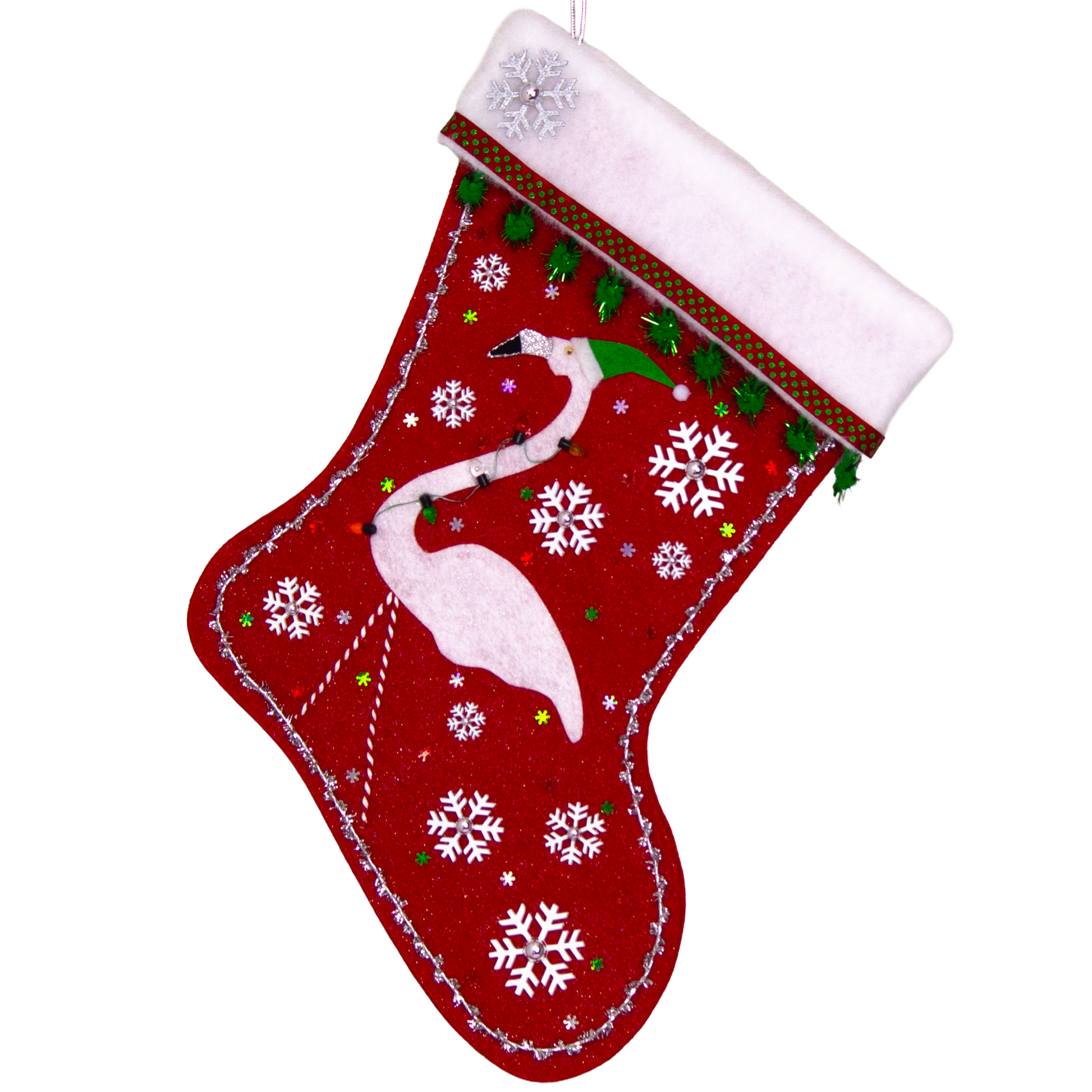 White glitter felt flamingo on red glitter felt handmade Christmas stocking with sparkly pom poms, snowflake buttons, fake lights and decorated in white, green, red & silver. (front of stocking)