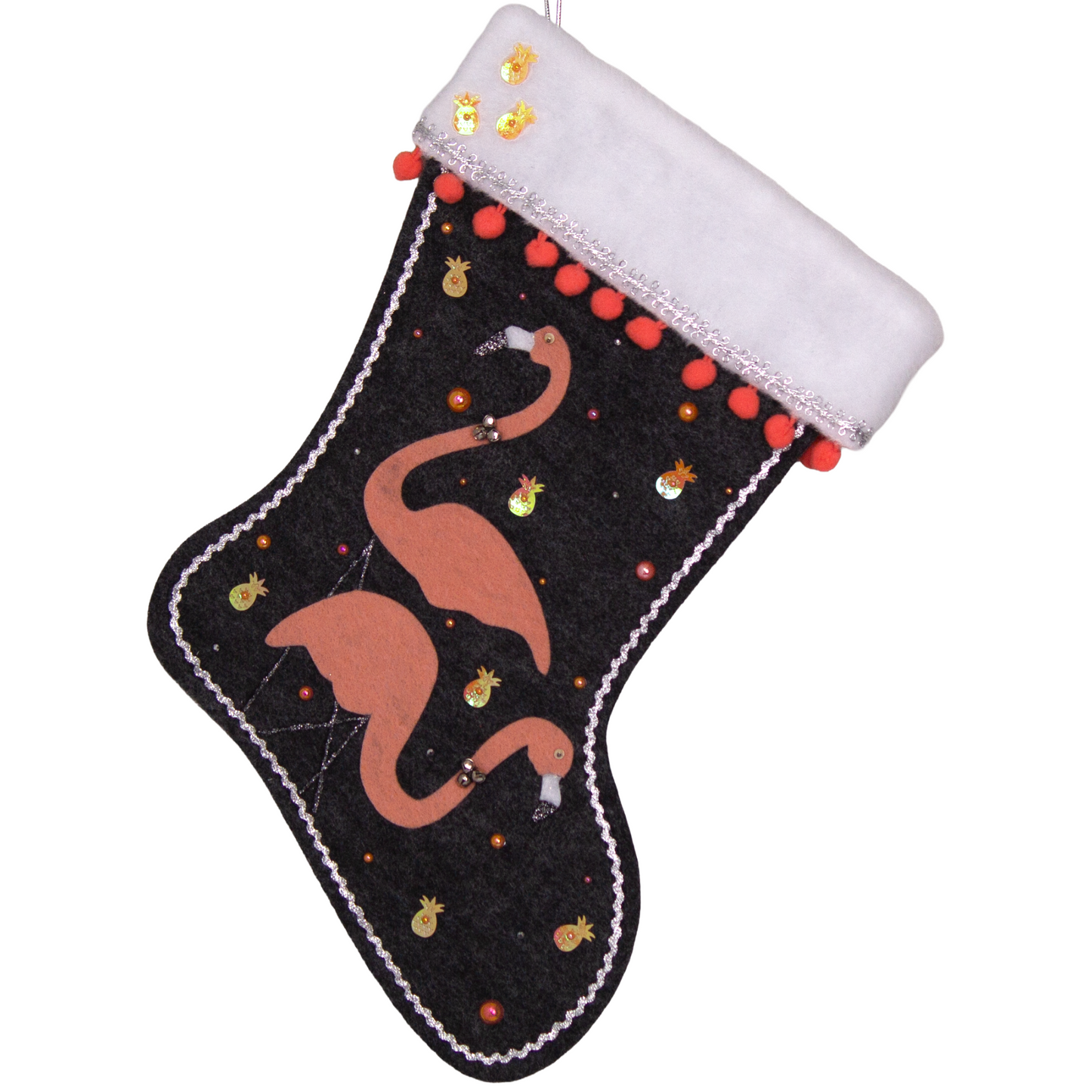 Coral flamingos on charcoal gray felt handmade Christmas stocking with pom poms, pineapple sequins and decorated in coral, black & silver. (front of stocking)