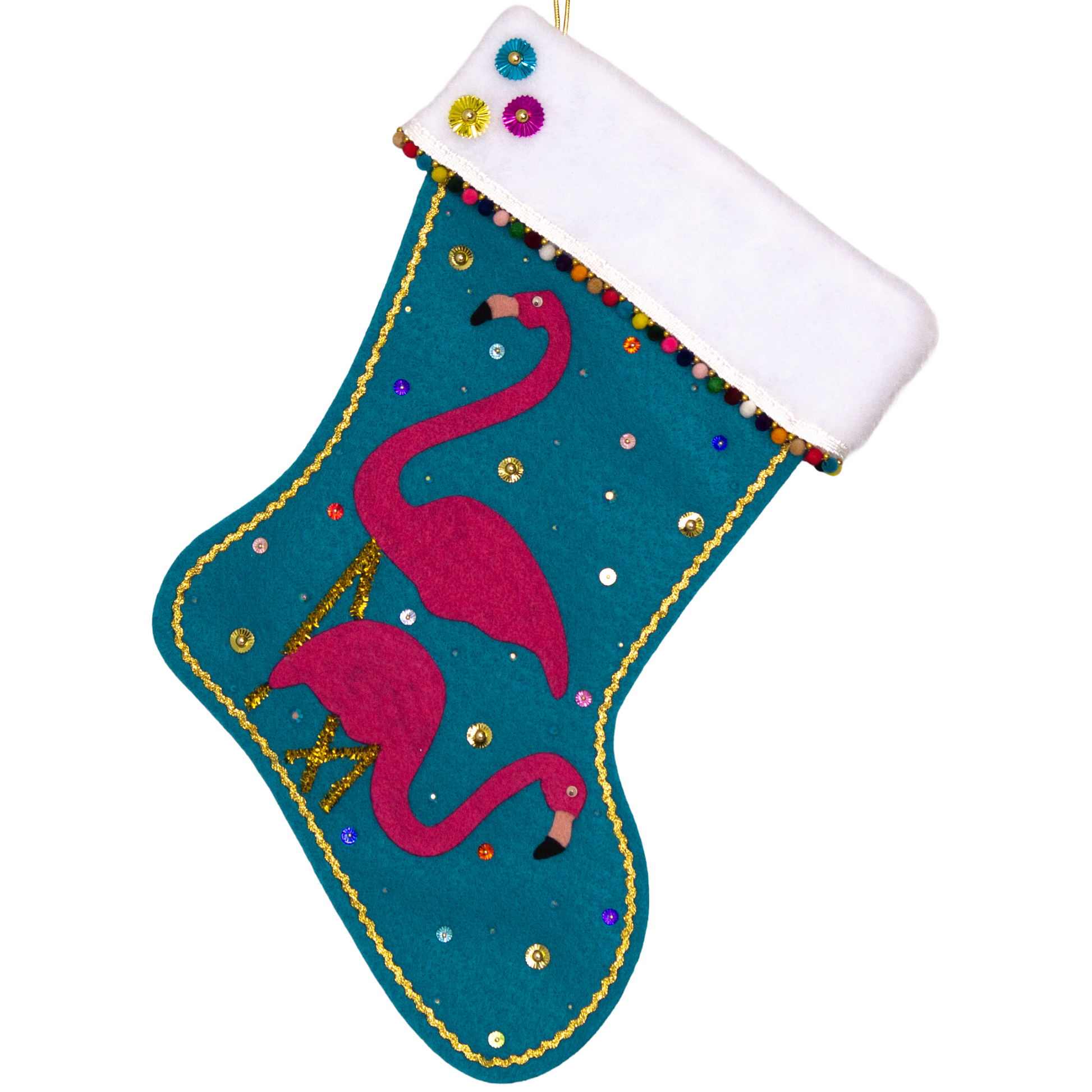 Shocking pink flamingos on turquoise felt handmade Christmas stocking with mini pom poms, sunburst sequins and decorated in gold & multicolors. (front of stocking)