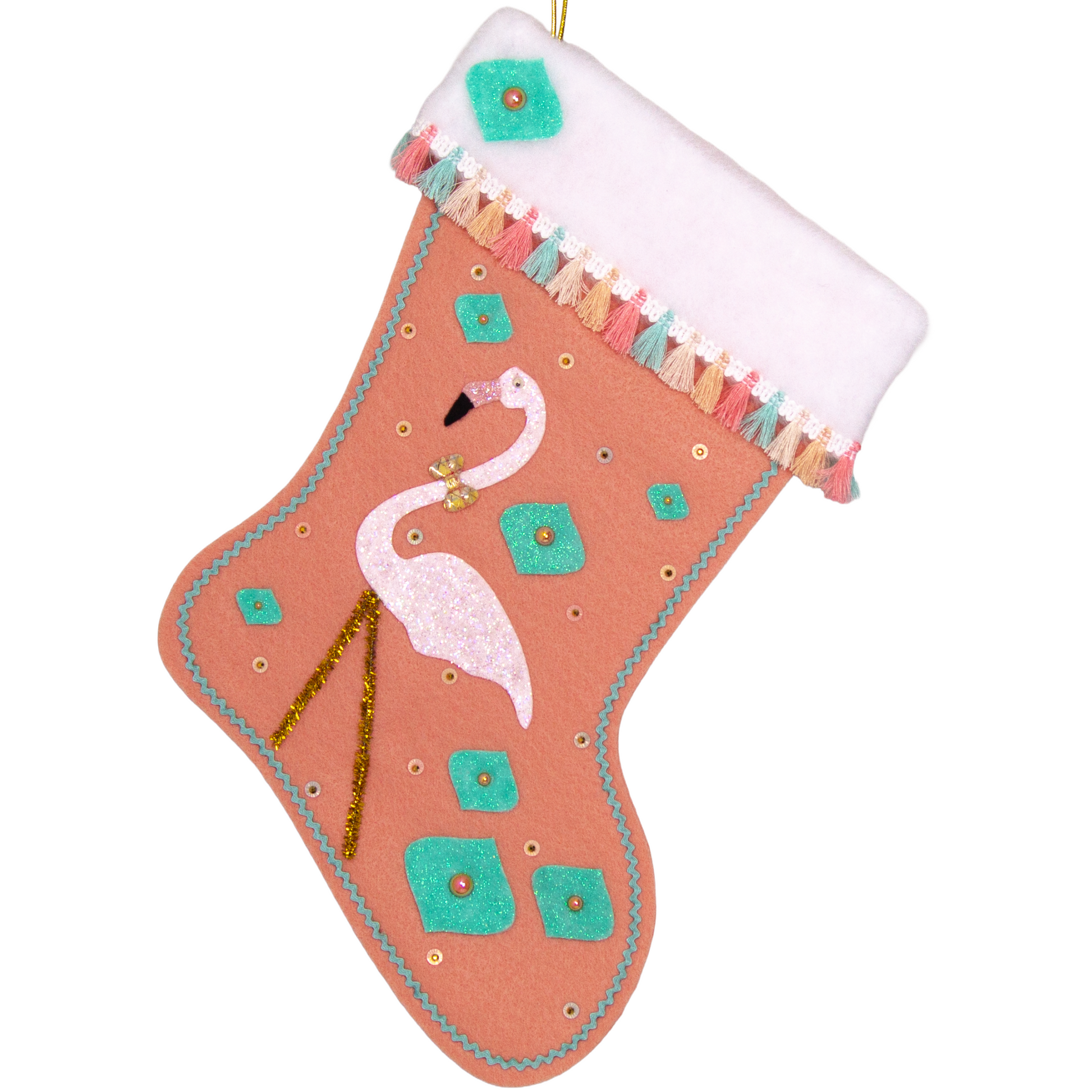 White glittery flamingo on coral felt handmade Christmas stocking with glitter painted felt onion ornament shapes, tassel fringe and decorated in coral, aqua, gold & pastel colors. (front of Flamingo stocking)