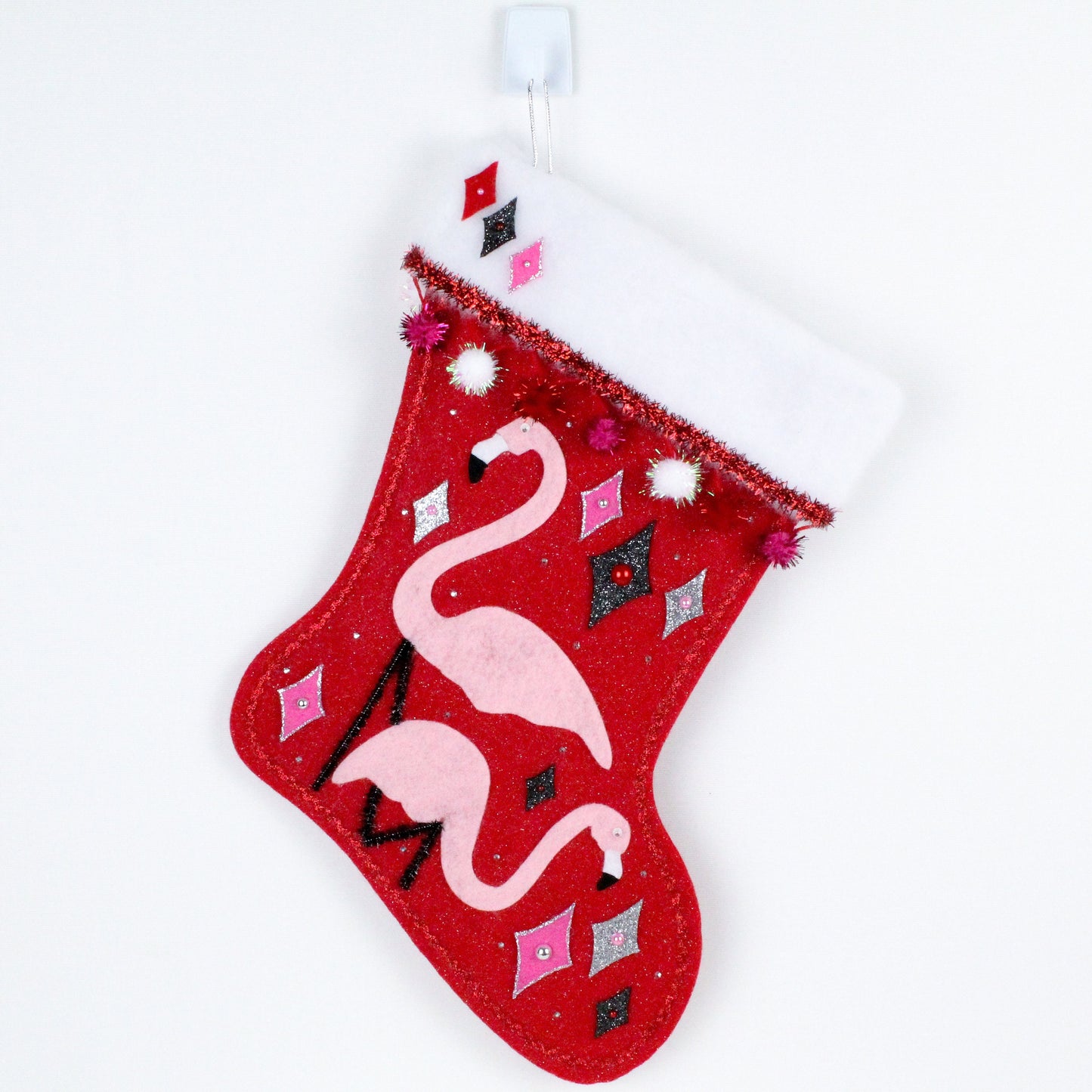 Pink flamingos on red felt Christmas stocking