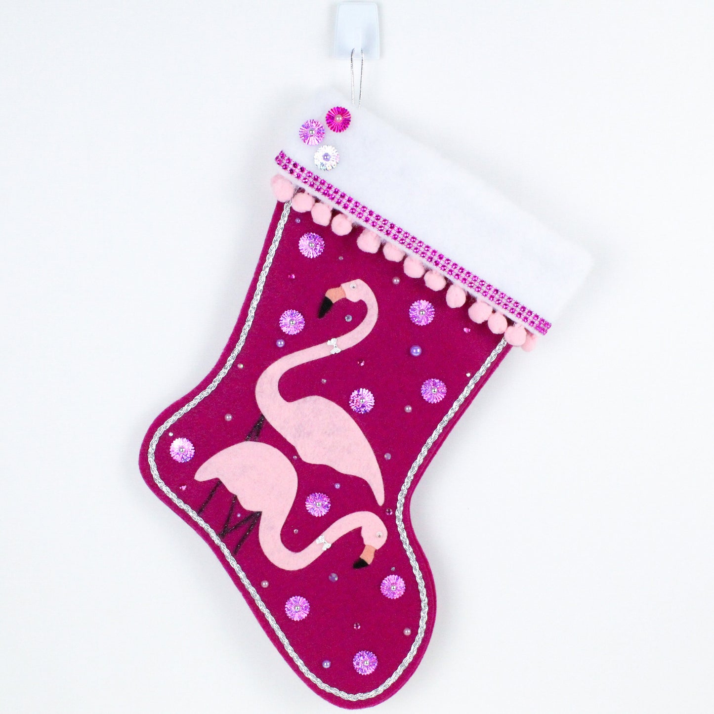 Pink flamingos on fuchsia felt Christmas stocking