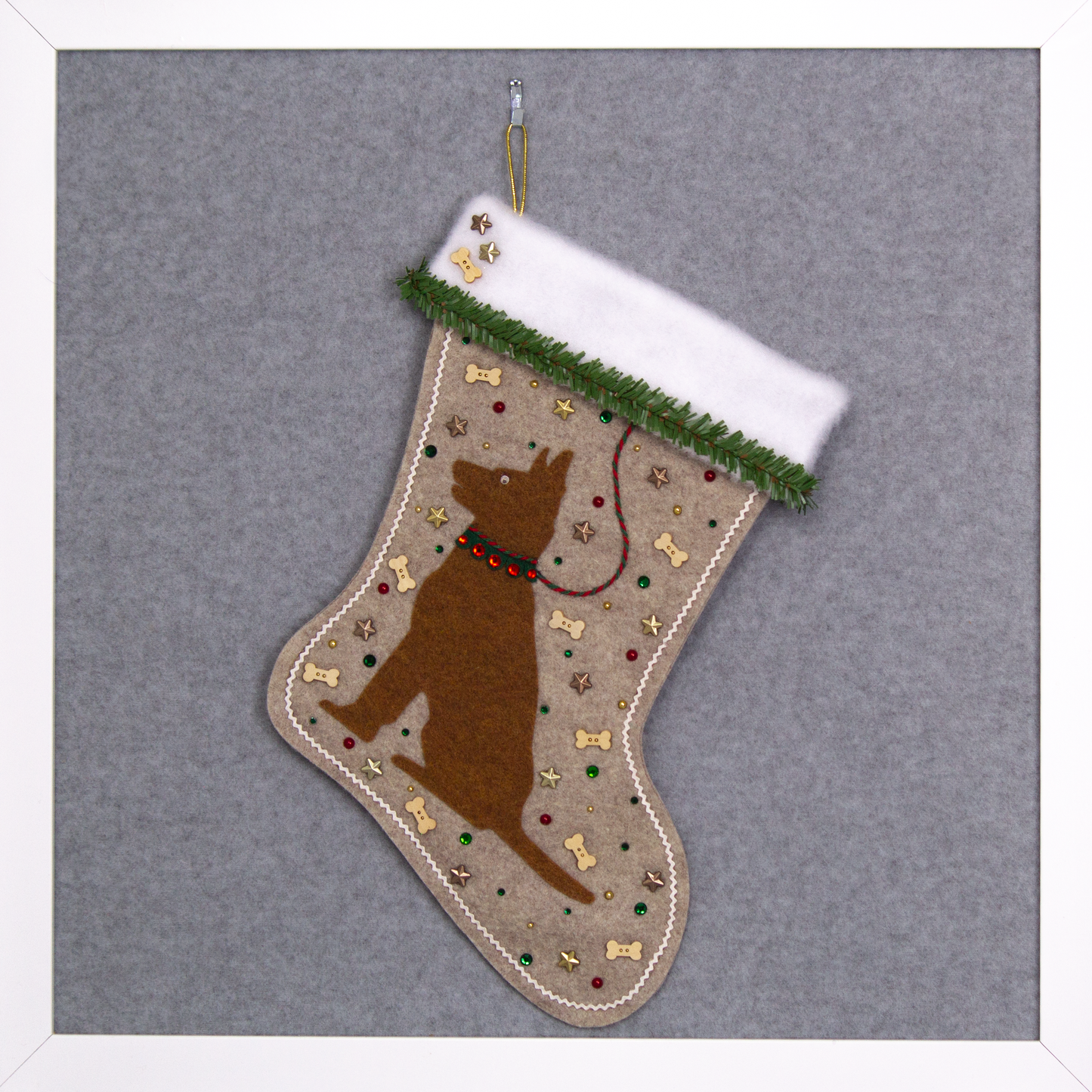 Copper German Shepherd dog on sandstone beige felt handmade Christmas stocking with faux pine trim, wood bone buttons, stars and decoration in red, green, white, gold and bronze. (front of stocking)