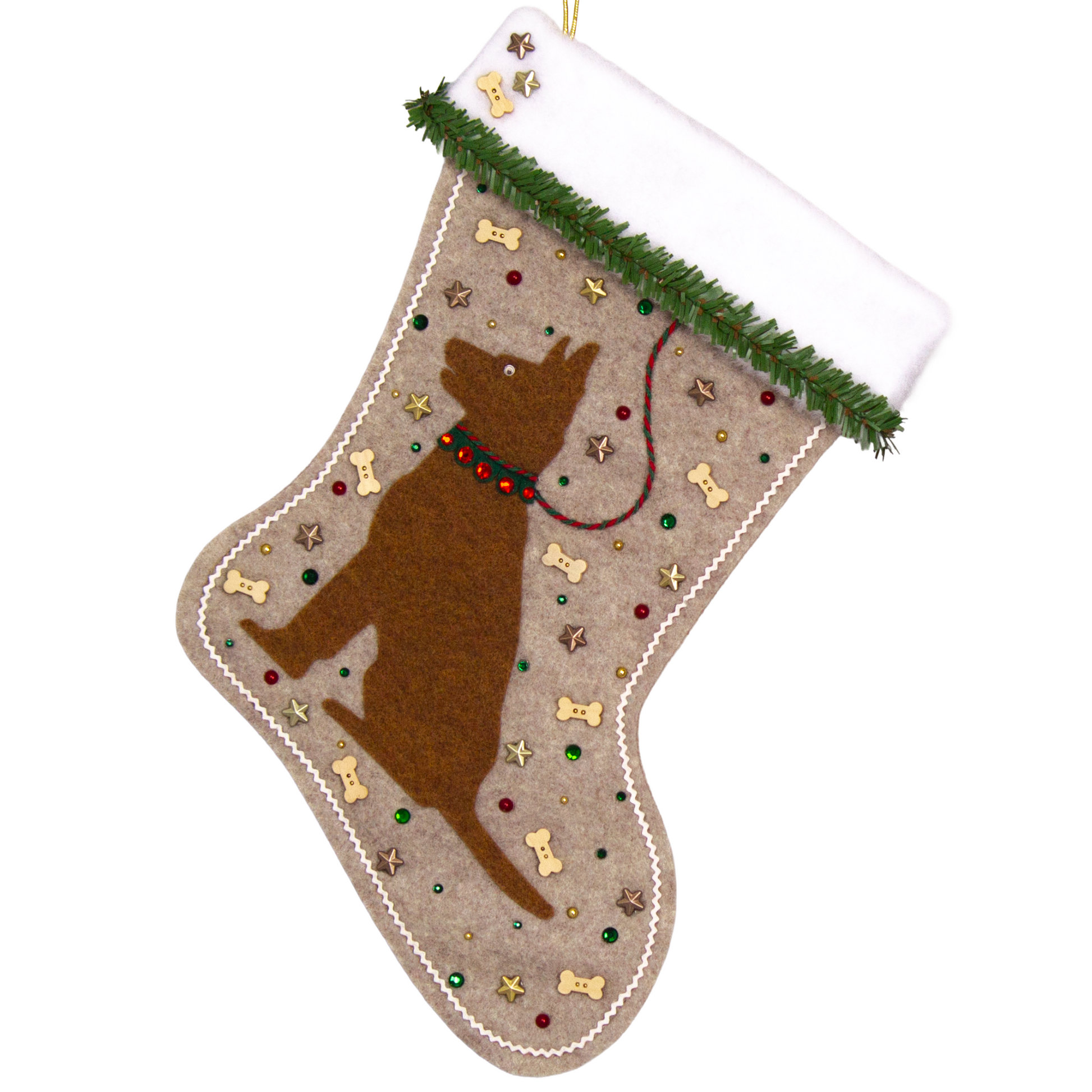 Copper German Shepherd dog on sandstone beige felt handmade Christmas stocking with faux pine trim, wood bone buttons, stars and decoration in red, green, white, gold and bronze. (front of stocking)
