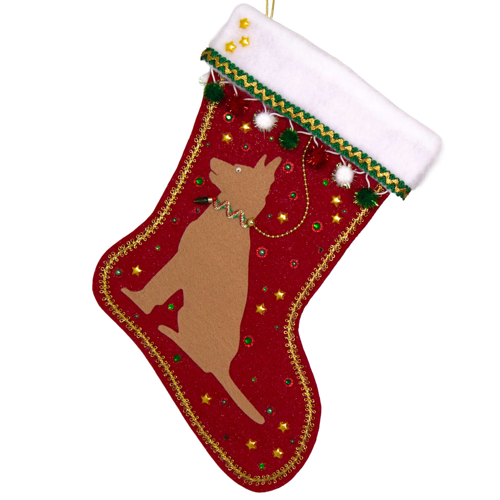 Tan German Shepherd dog on a red glitter felt handmade Christmas stocking with sparkly pom poms, stars and decorated in red, green, white and gold. (front of stocking)