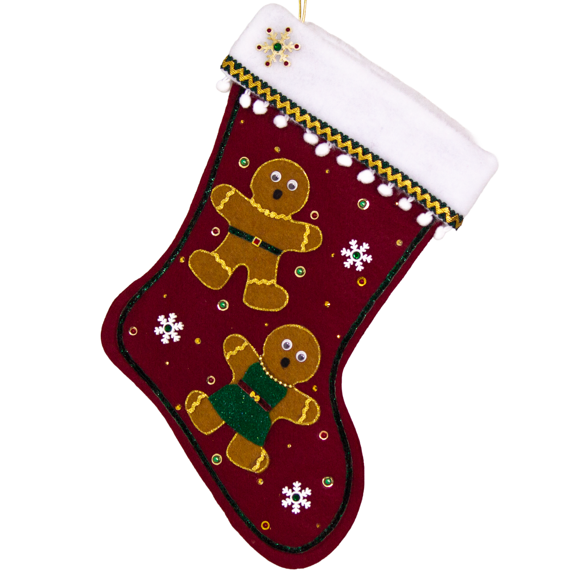 Twin copper felt Gingerbread on a ruby red felt handmade Christmas stocking with pom poms, wood snowflakes and decorated in white, green, red & gold. (front of stocking)