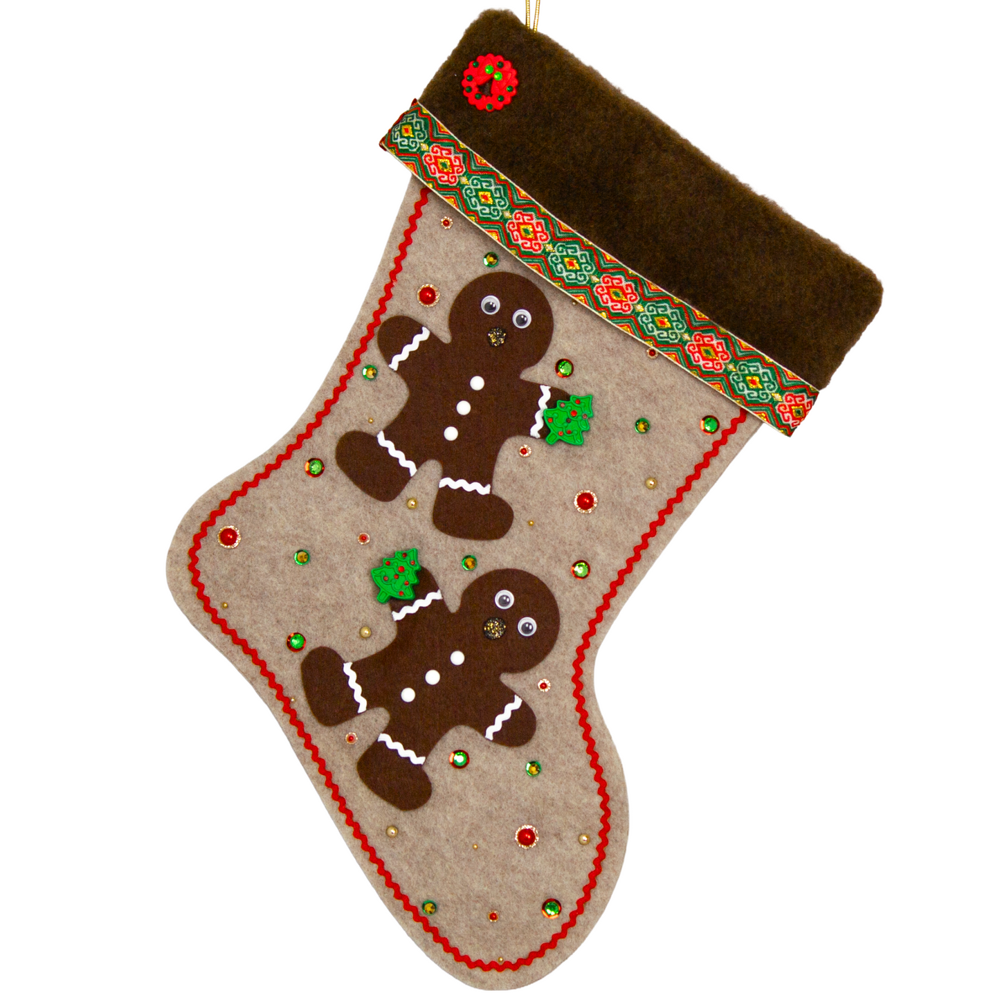 Twin dark brown Gingerbread men on sandstone beige felt handmade Christmas stocking with brown fur trim, decorative ribbon, tree buttons, a wreath button and decorated in red, green, white & gold. (front of stocking)