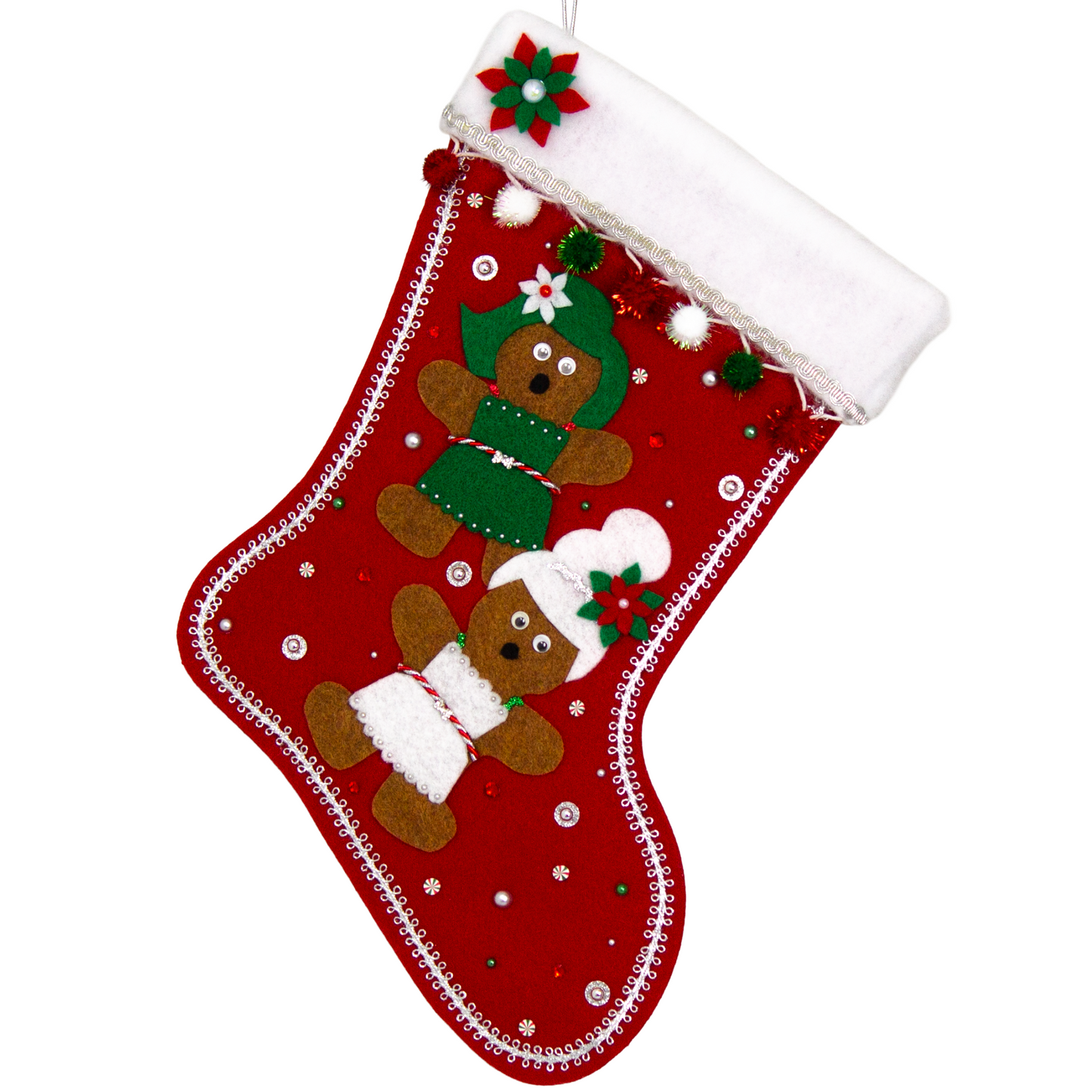 Twin copper felt Gingerbread on a holiday red felt handmade Christmas stocking with sparkly pom poms, felt poinsettias and decorated in white, green, red & silver. (front of stocking)