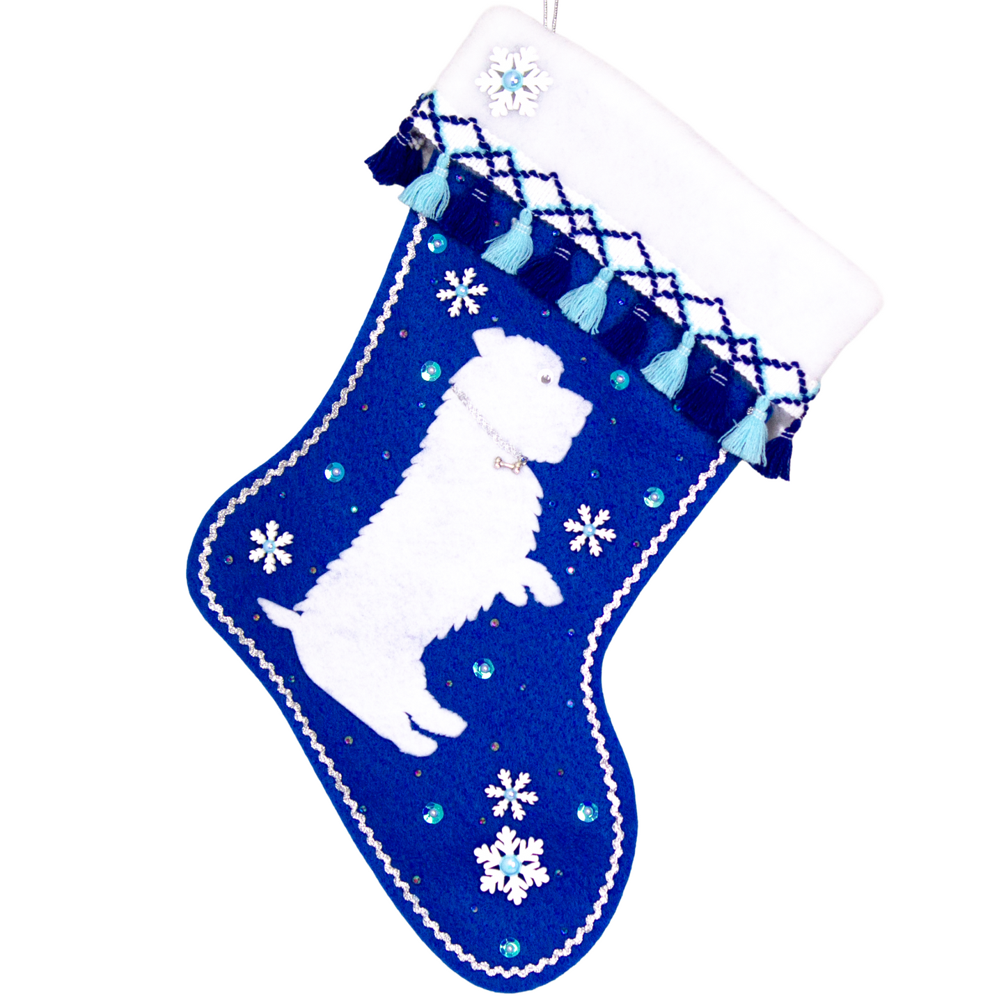 White Glen of Imaal Terrier dog on royal blue felt handmade Christmas stocking with fringe, wood snowflakes and decoration in silver, white and blues. (front of stocking)