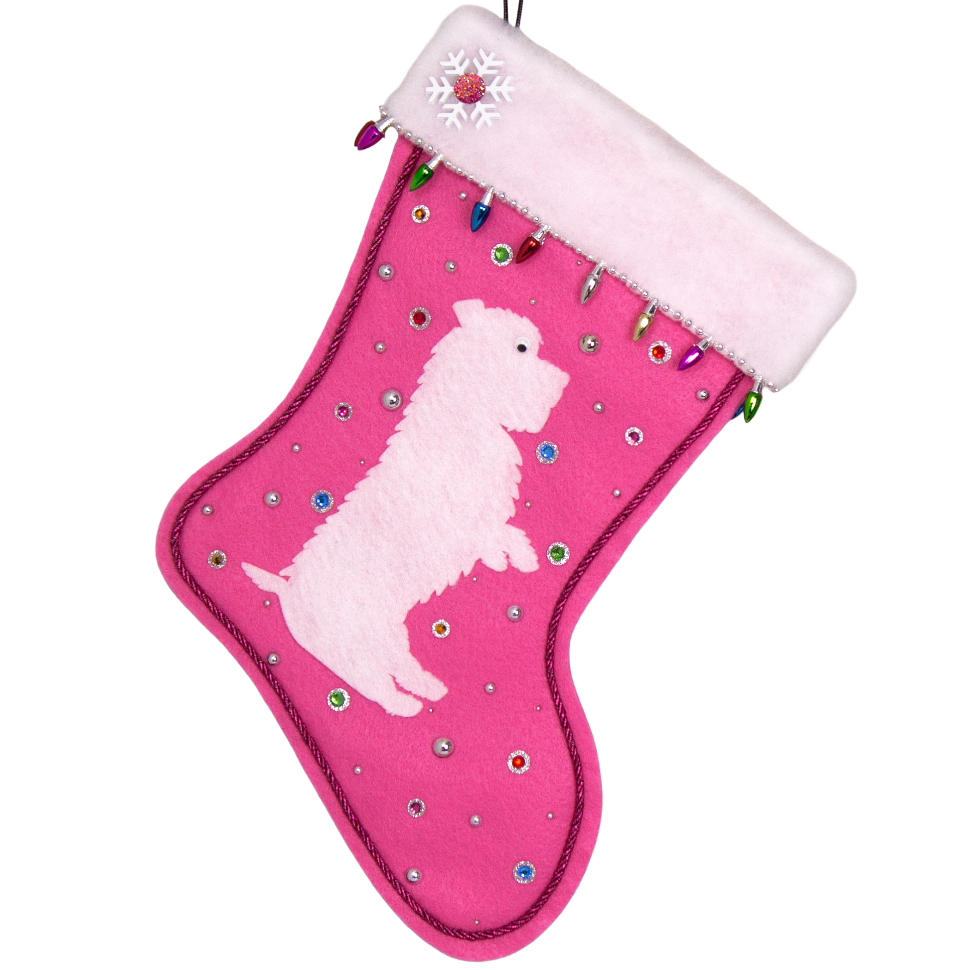 White Glen of Imaal Terrier dog on candy pink felt handmade Christmas stocking with light bulb trim, a snowflake, and decoration in silver and multicolors. (front of stocking)