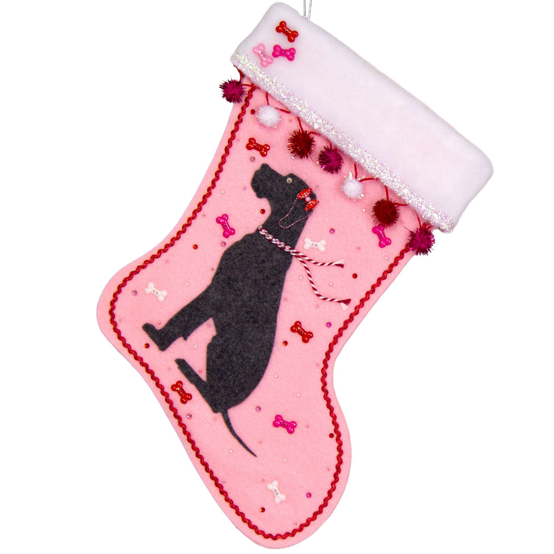 Charcoal gray Great Dane dog on light pink felt handmade Christmas stocking with sparkly pom poms, tinsel, bone buttons and decorated in red, pinks, white and silver. (front of stocking)