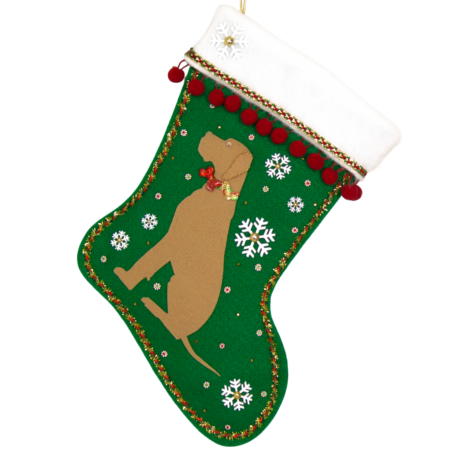 Tan Great Dane dog on holiday green felt handmade Christmas stocking with snowflakes, pom poms and decorated in white, green, red and gold. (front of stocking)