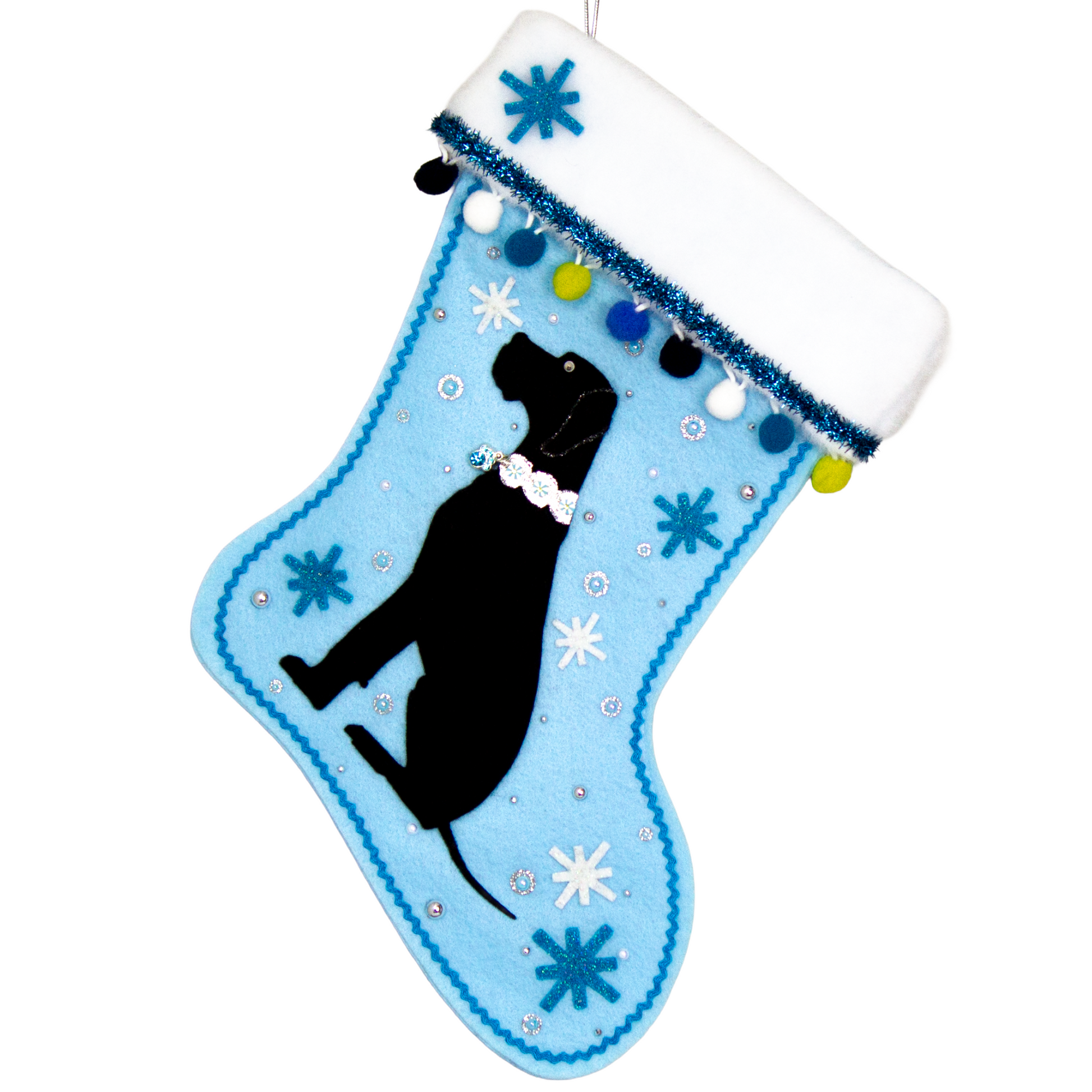 Black Great Dane dog on light blue felt handmade Christmas stocking with felt starbursts, pom poms, tinsel and decorated in white, blues, green and silver. (front of stocking)