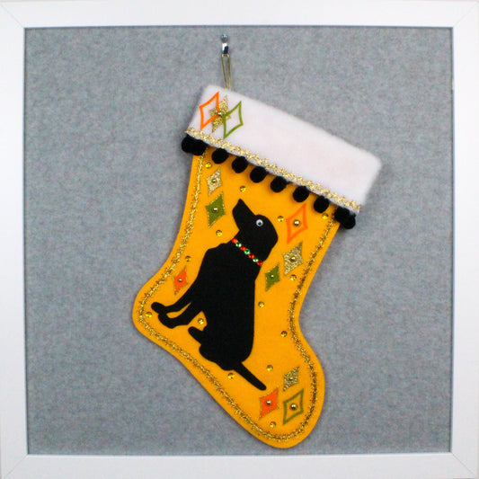 Black Labrador Retriever Lab Dog on gold felt handmade OOAK Christmas stocking with decorations in orange, olive green and gold.