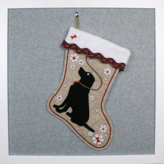 Black Lab Labrador Retriever on sandstone beige felt handmade one of a kind Christmas stocking with red, green, white and gold decoration.