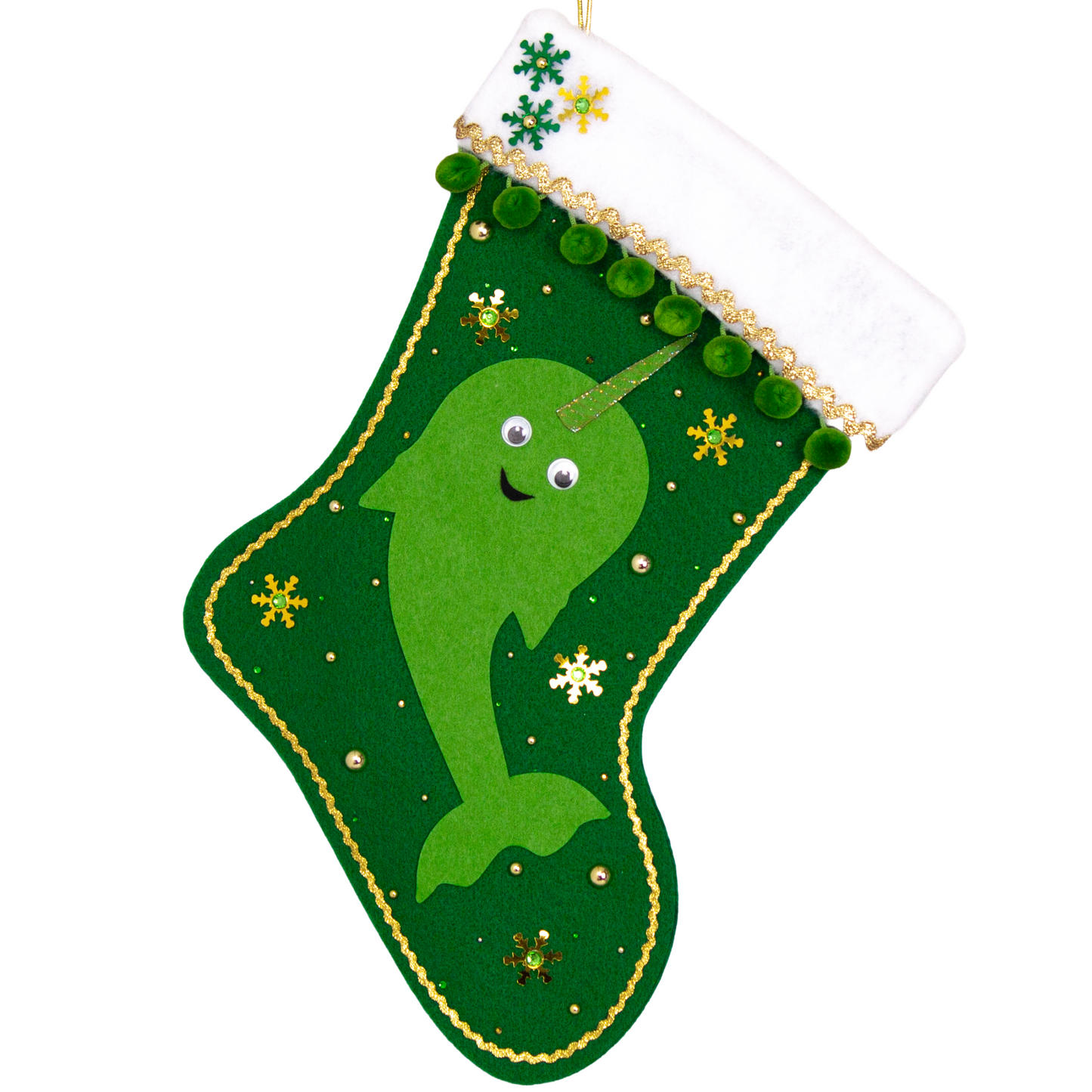 Bright green Narwhal on a holiday green felt handmade Christmas stocking with pom poms, googlie eyes, sequin snowflakes and decoration green & gold. (front of stocking)
