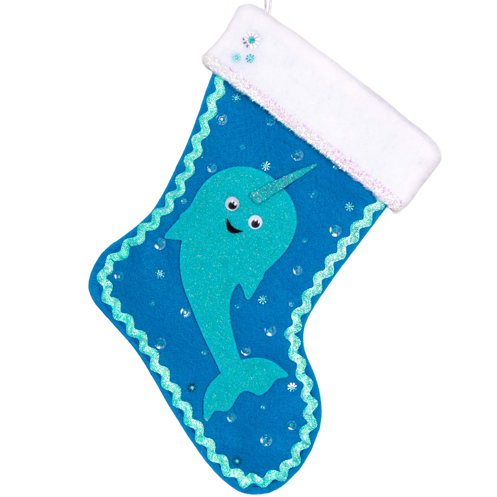 Glittery aqua Narwhal on a peacock blue felt handmade Christmas stocking with tinsel ribbon, googlie eyes and decoration in clear, aqua & silver. (front of stocking)