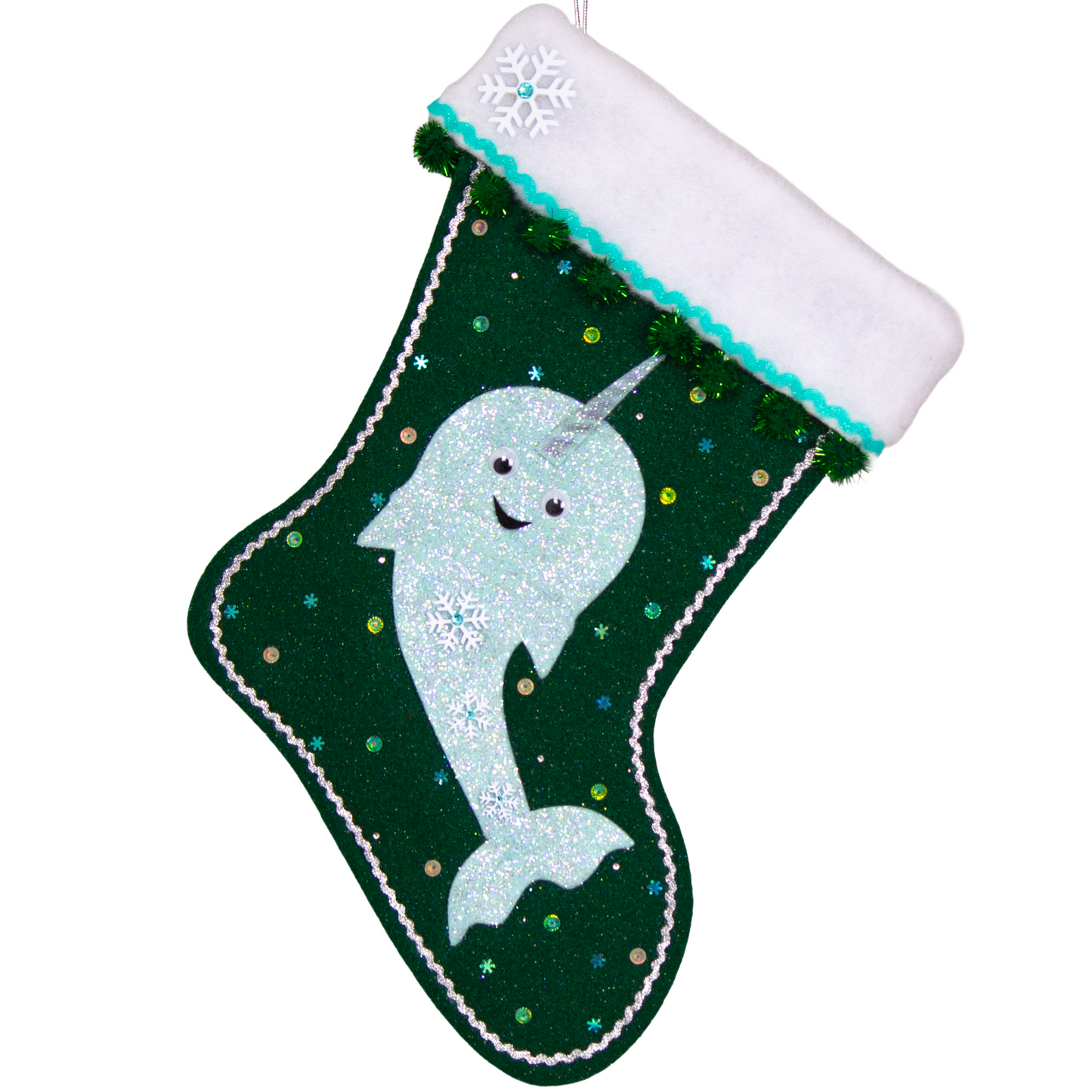 Mint green glittered Narwhal on dark green glitter felt handmade Christmas stocking with sparkly dark green pom poms, snowflake buttons and decorations in aqua, silver and multicolors. (front of stocking)