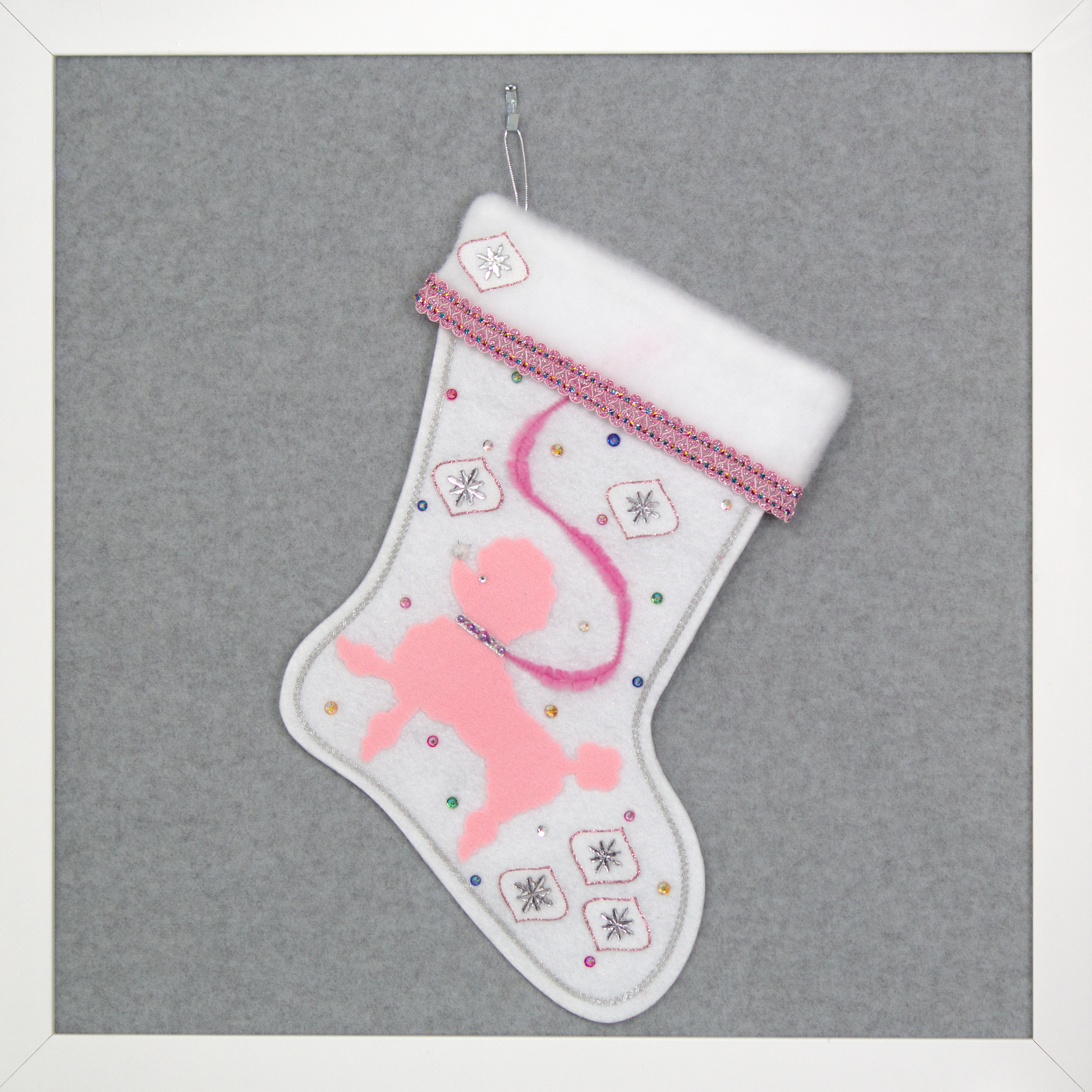 White Christmas stocking with light pink poodle dog design
