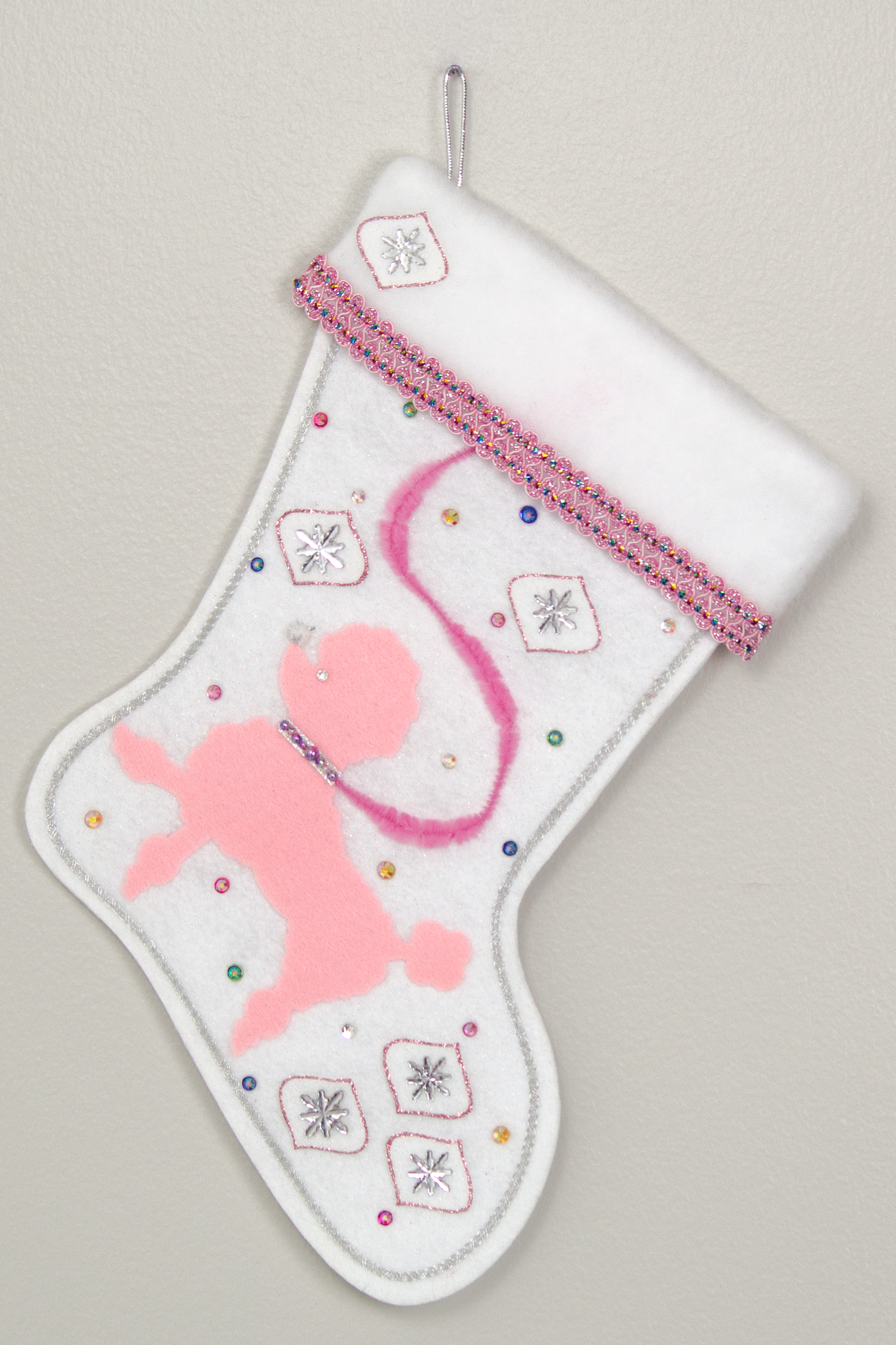 White Christmas stocking with light pink poodle dog design