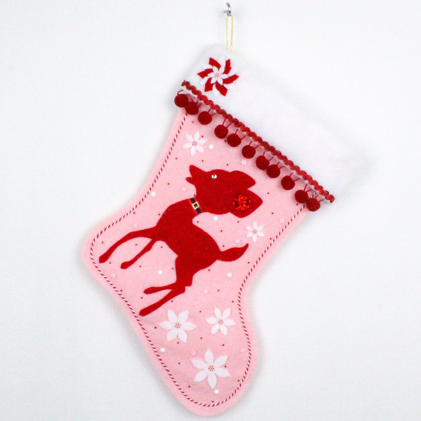 Red retro deer on pink felt Christmas stocking
