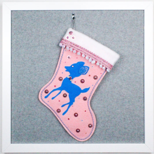 Blue retro deer on light pink felt handmade one of a kind Christmas stocking with pink flower sequins, pink & blue pom poms, and silver decoration.