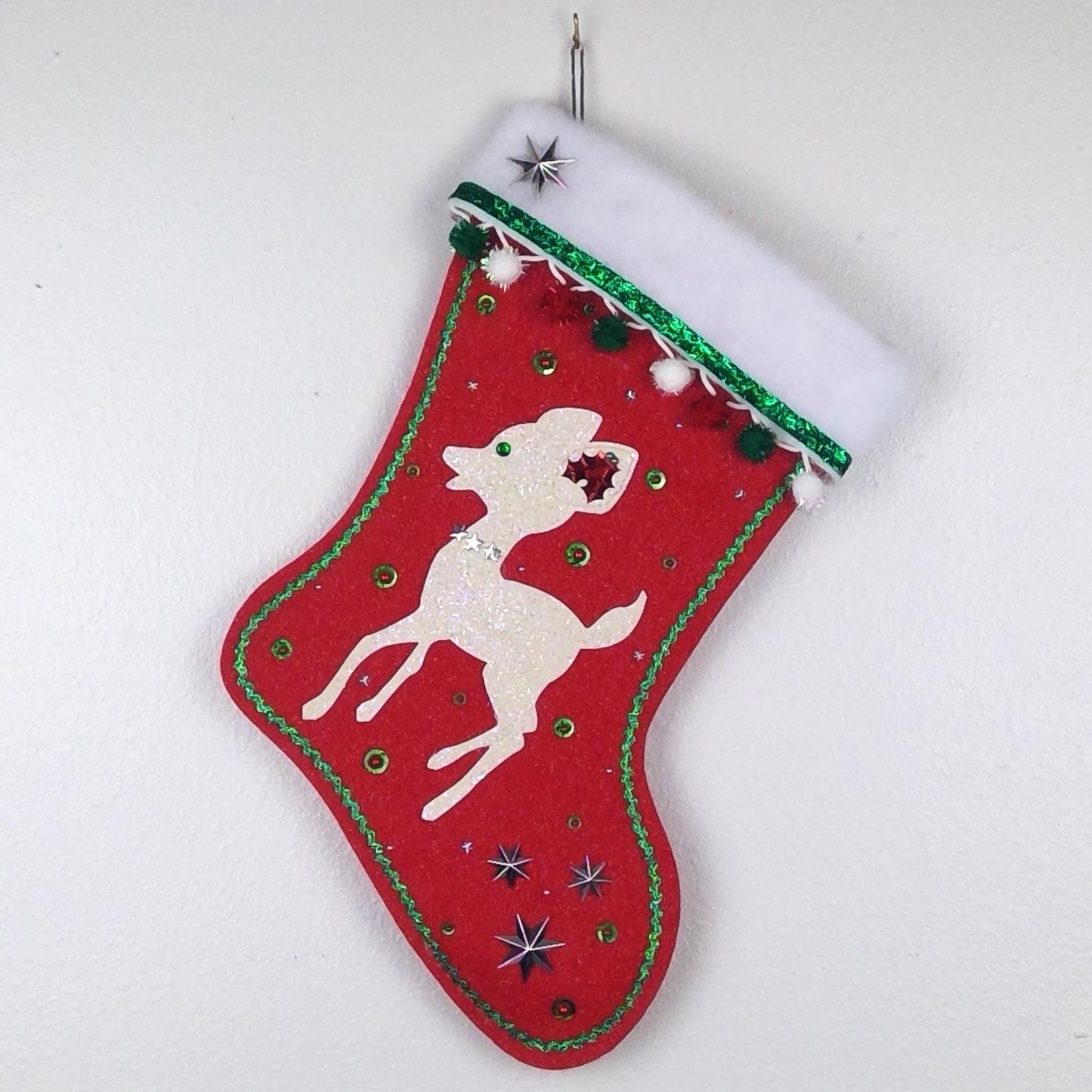 Off-white retro deer on red felt Christmas stocking