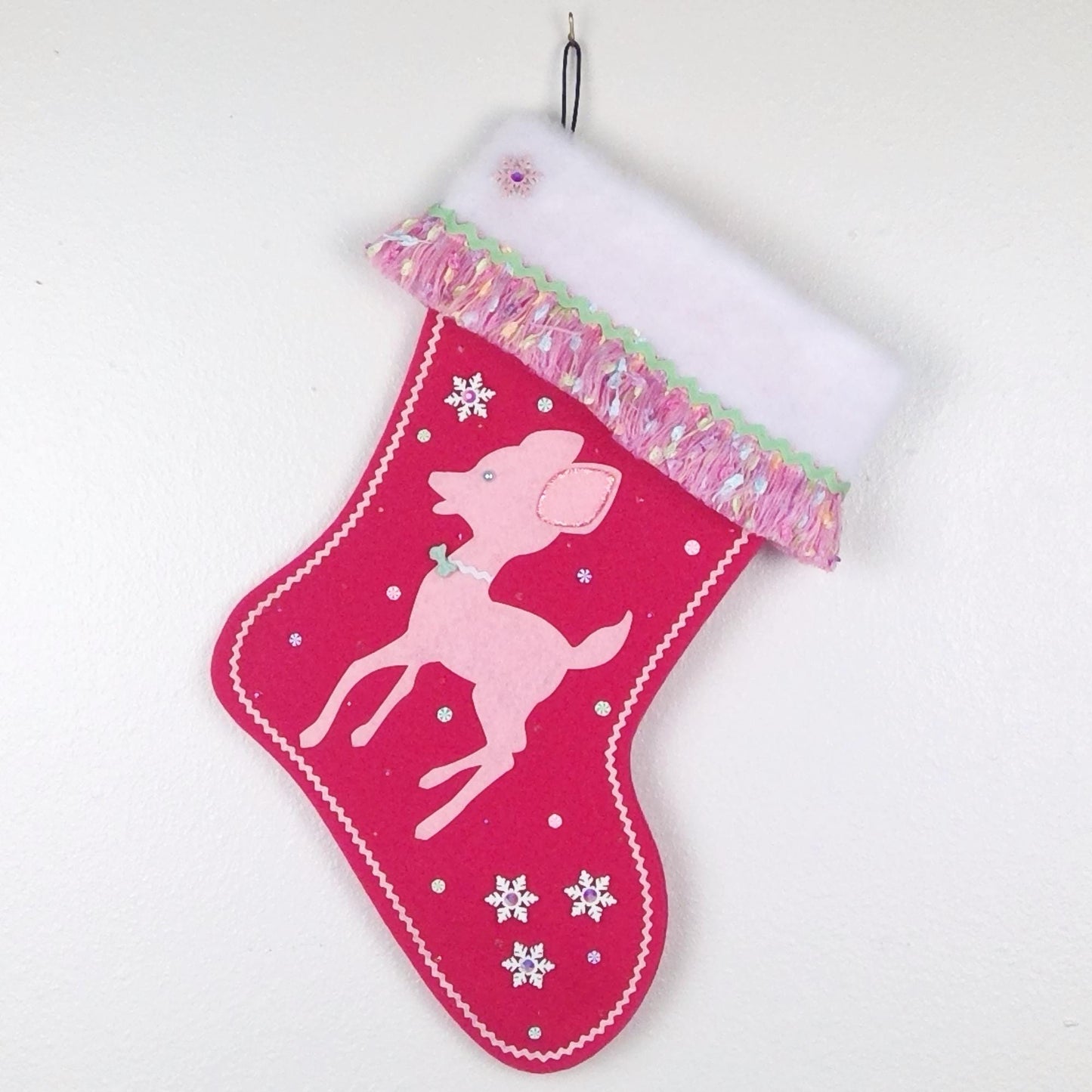 Pink retro deer on pink felt Christmas stocking
