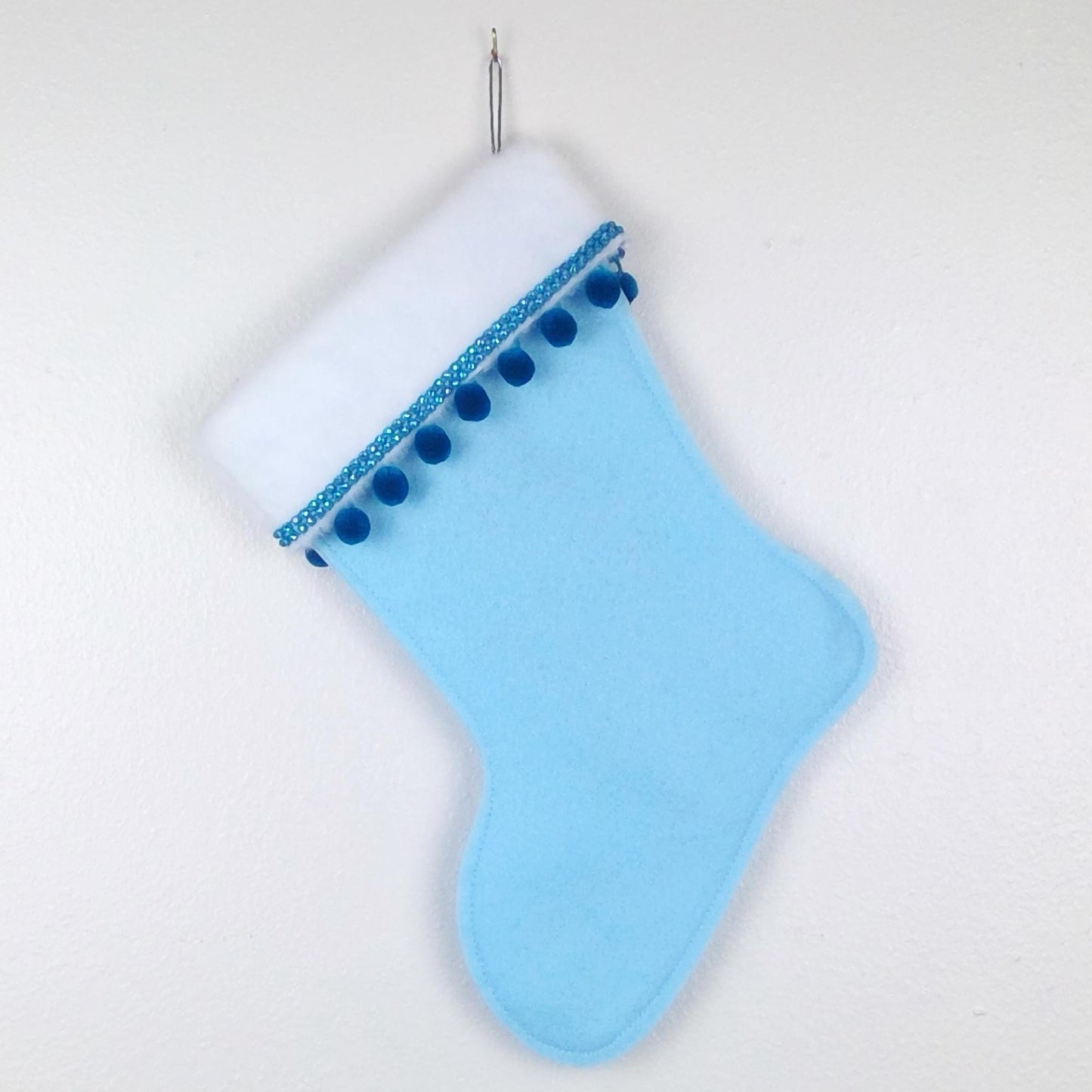 Silver retro deer on blue felt Christmas stocking