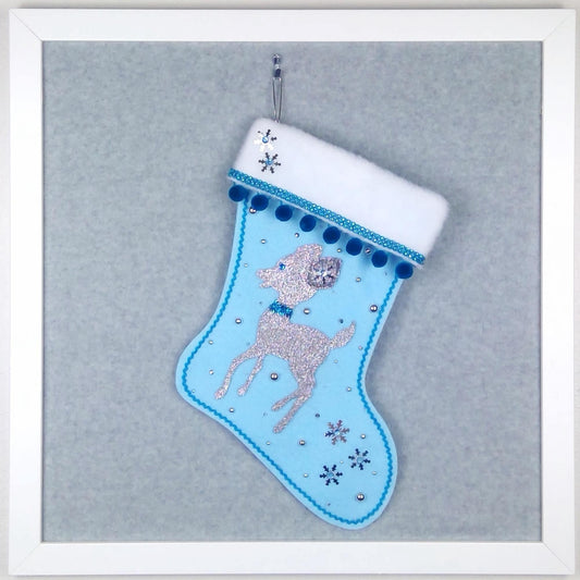 Sparkly silver retro deer on light blue felt OOAK handmade Christmas stocking with blue pom poms, silver sequin snowflakes, blue decorations and silver accents.