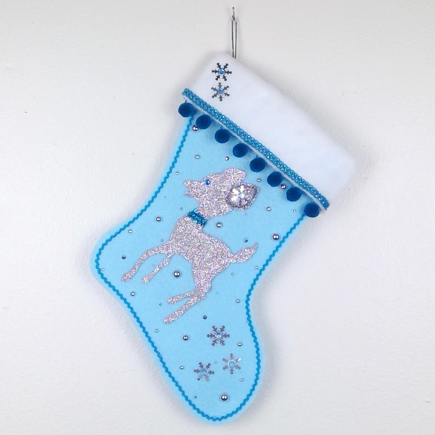 Silver retro deer on blue felt Christmas stocking