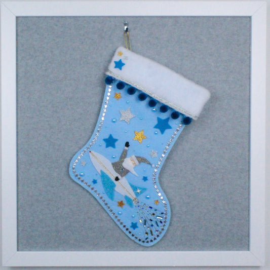 Glitter Santa Claus in a rocket on light blue felt OOAK handmade Christmas stocking with blue, gold and silver decorations.