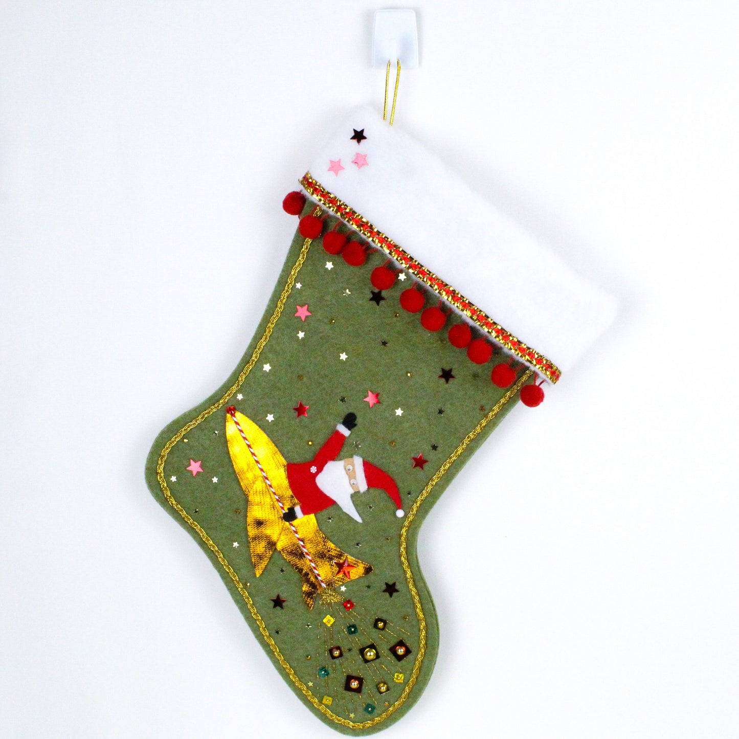 Olive green rocket Santa felt Christmas stocking