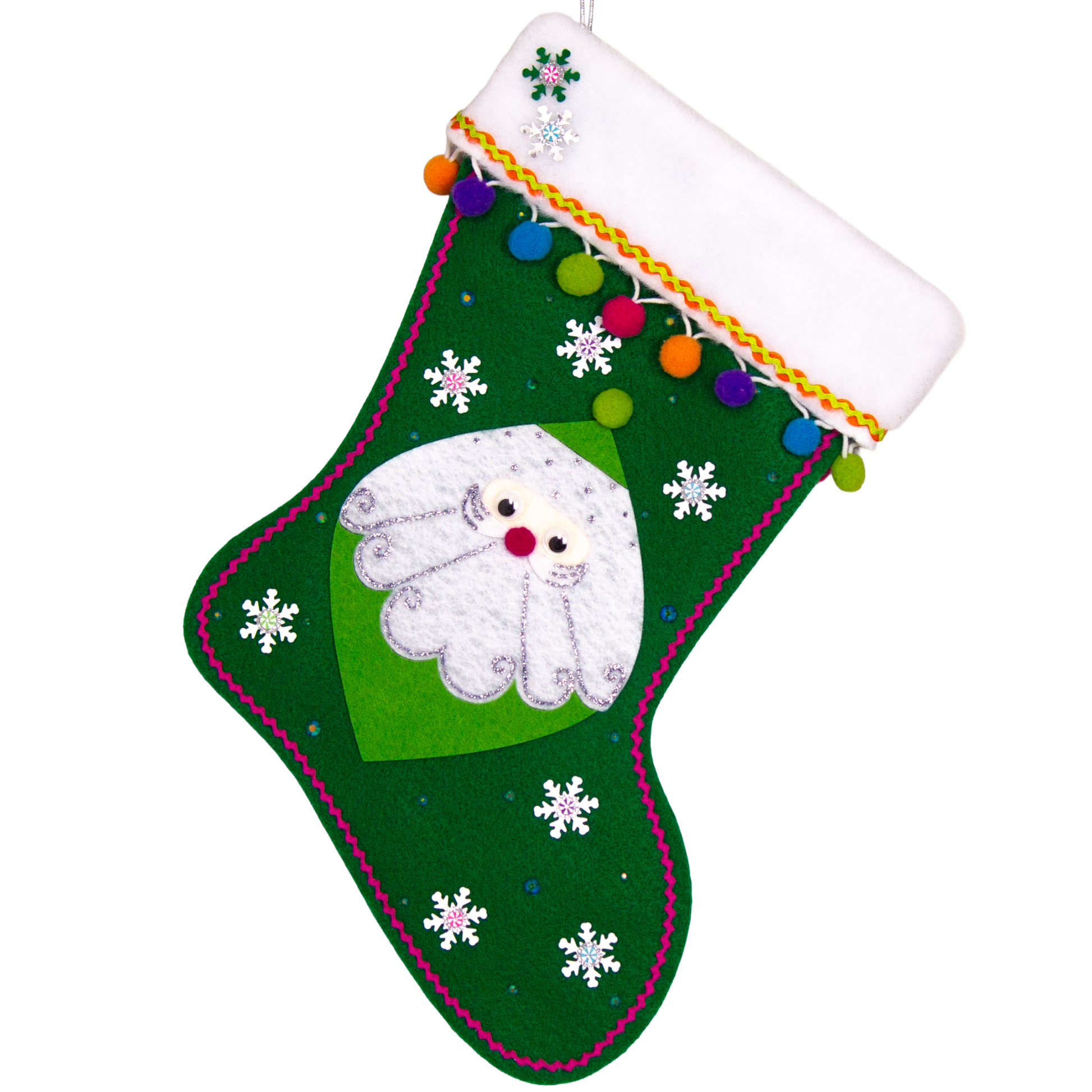Marquise shaped Santa in green on a holiday green felt handmade Christmas stocking with snowflake sequins, clay candy pieces, pom poms and decorated in orange, purple, blue, greens, hot pink & silver. (front of stocking)