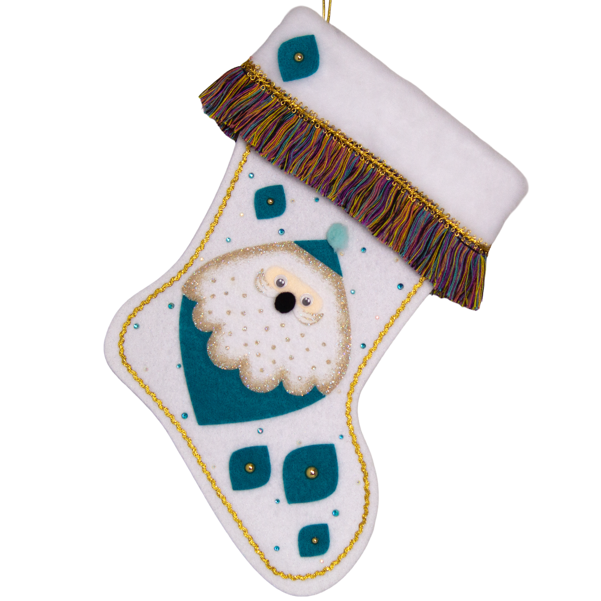 Marquise shaped Santa head (Holt Howard inspired) in turquoise with a gold glittered beard on a glitter white felt handmade Christmas stocking - felt marquise shapes, multicolored fringe  and decorated in turquoise & gold. (front of stocking)