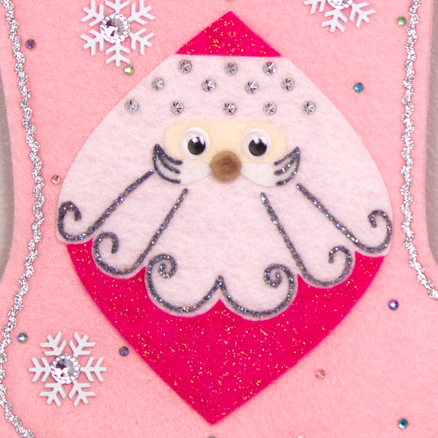Marquise shaped Santa head (Holt Howard inspired) in hot pink glitter on a light pink felt handmade Christmas stocking with snowflake buttons, pom poms and decorated in hot pink, white, multicolors & silver. (front of stocking - close up of details)