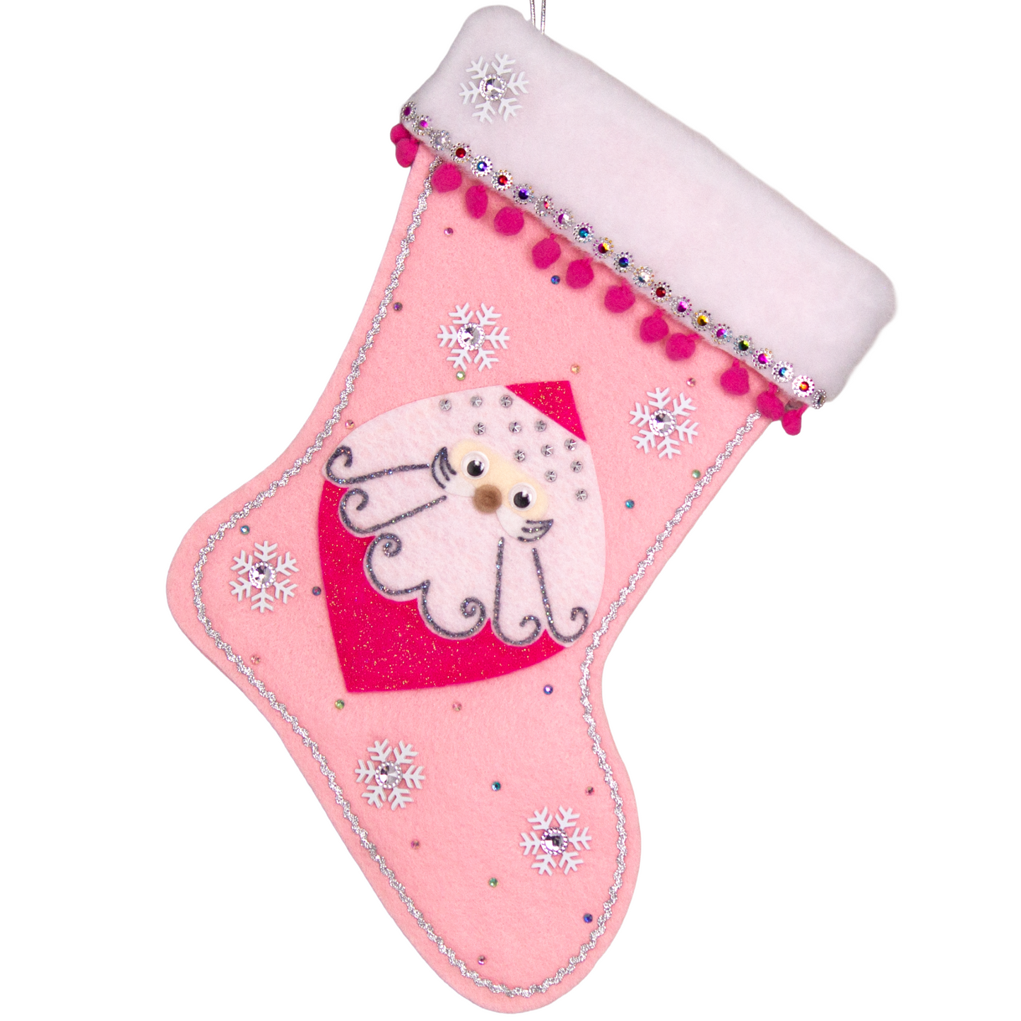 Marquise shaped Santa head (Holt Howard inspired) in hot pink glitter on a light pink felt handmade Christmas stocking with snowflake buttons, pom poms and decorated in hot pink, white, multicolors & silver. (front of stocking)