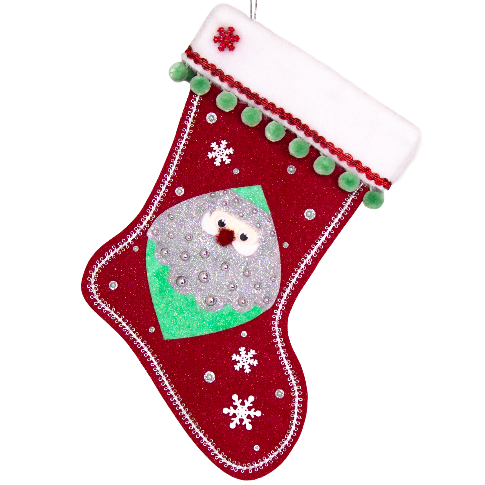 Marquise shaped Santa head (Holt Howard inspired) in silver and mint green glitter on a red glitter felt handmade Christmas stocking with wood snowflakes, pom poms and decorated in red, mint green & silver. (front of stocking)
