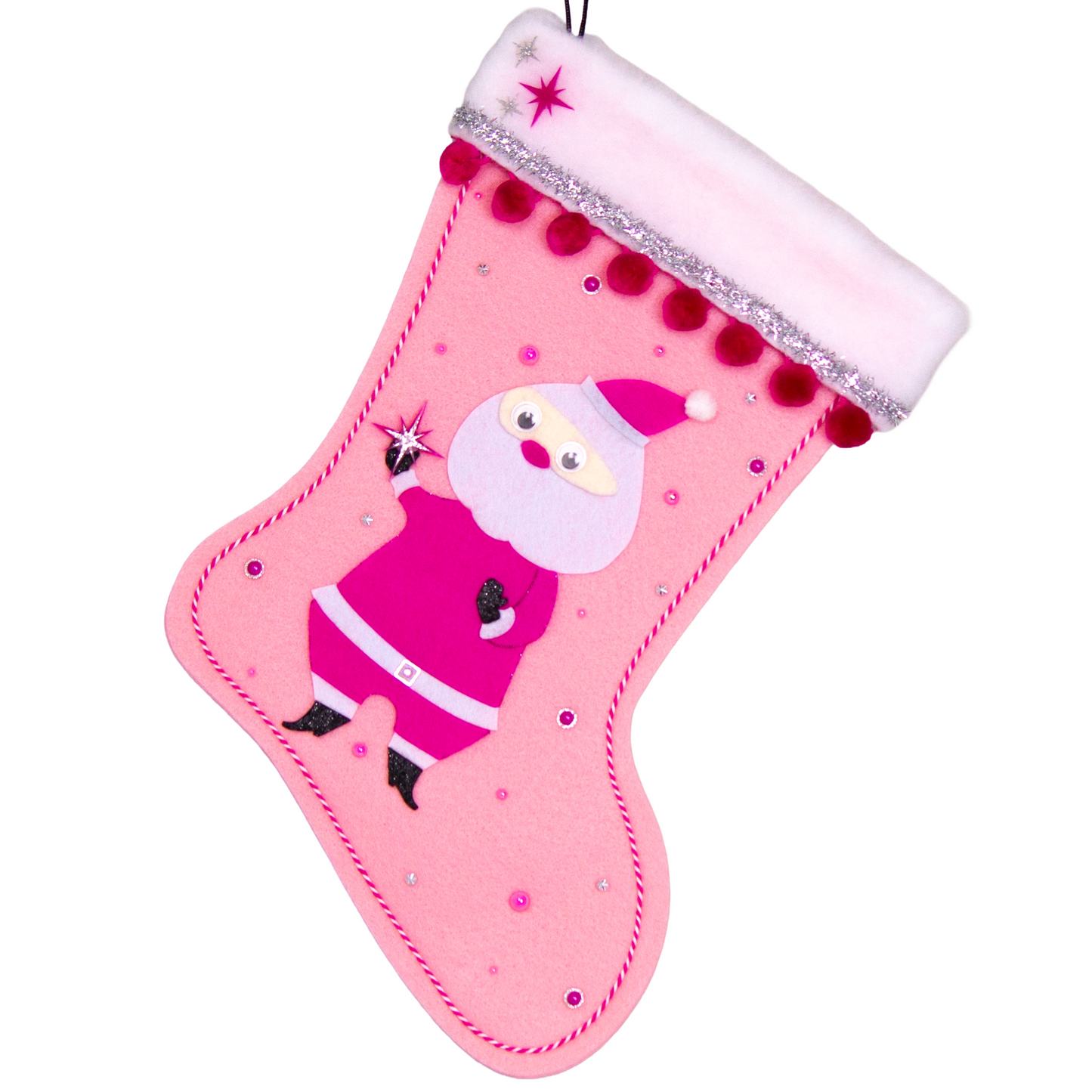 Retro Santa in hot pink suit on light pink felt handmade Christmas stocking with pom poms, tinsel ribbon and decorated in black, pinks & silver. (front of stocking)