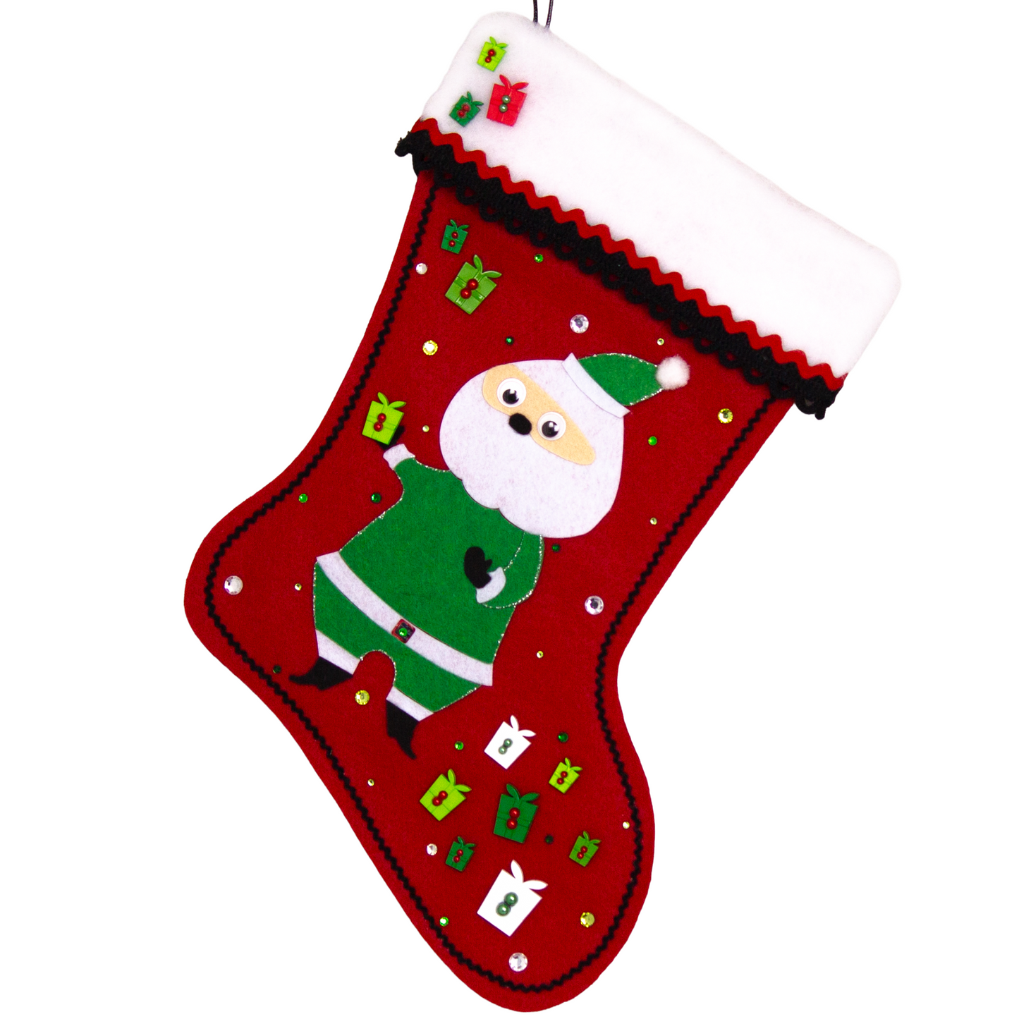 Retro Santa in green suit on a holiday red felt handmade Christmas stocking with boxes and decorated in black, white, greens and silver. (front of stocking)