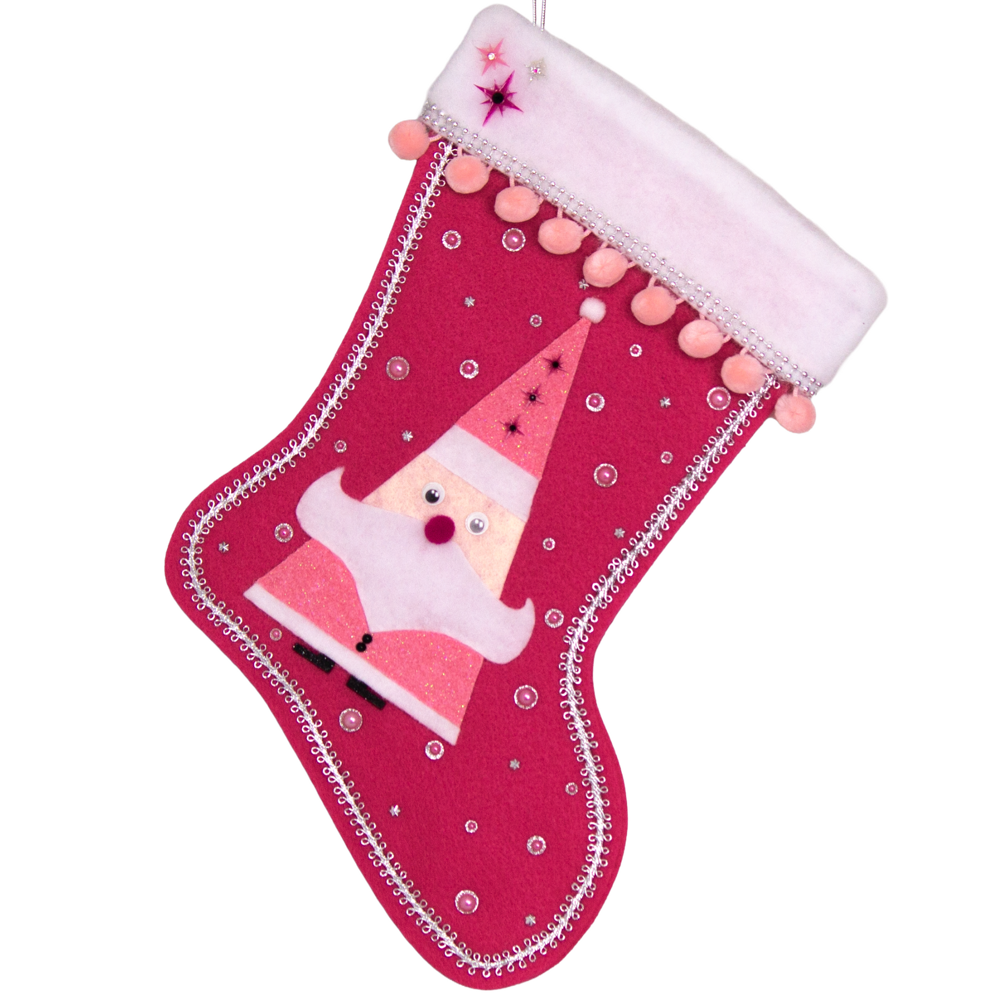 Triangular Santa (Holt Howard for Libbey inspired) in chunky pink glitter suit on bright pink felt handmade Christmas stocking with starbursts, pom poms and decoration in various pinks, black, white & silver. (front of stocking)