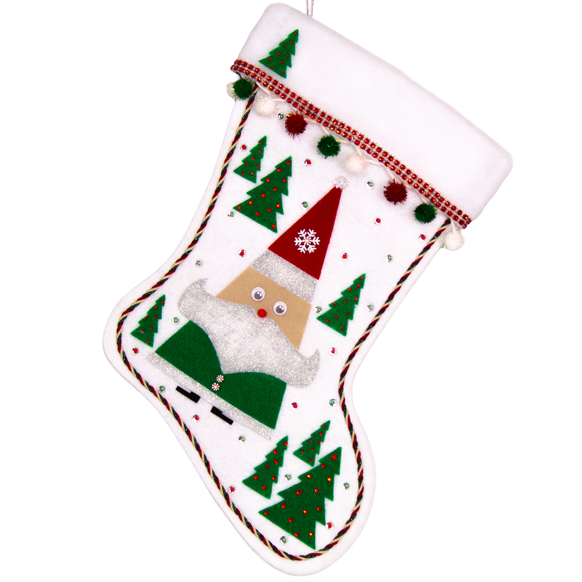 Triangular Santa (Holt Howard for Libbey inspired) in green suit and red hat on white glitter felt handmade Christmas stocking with trees, sparkly pom poms and decoration in red, green, white & silver. (front of stocking)
