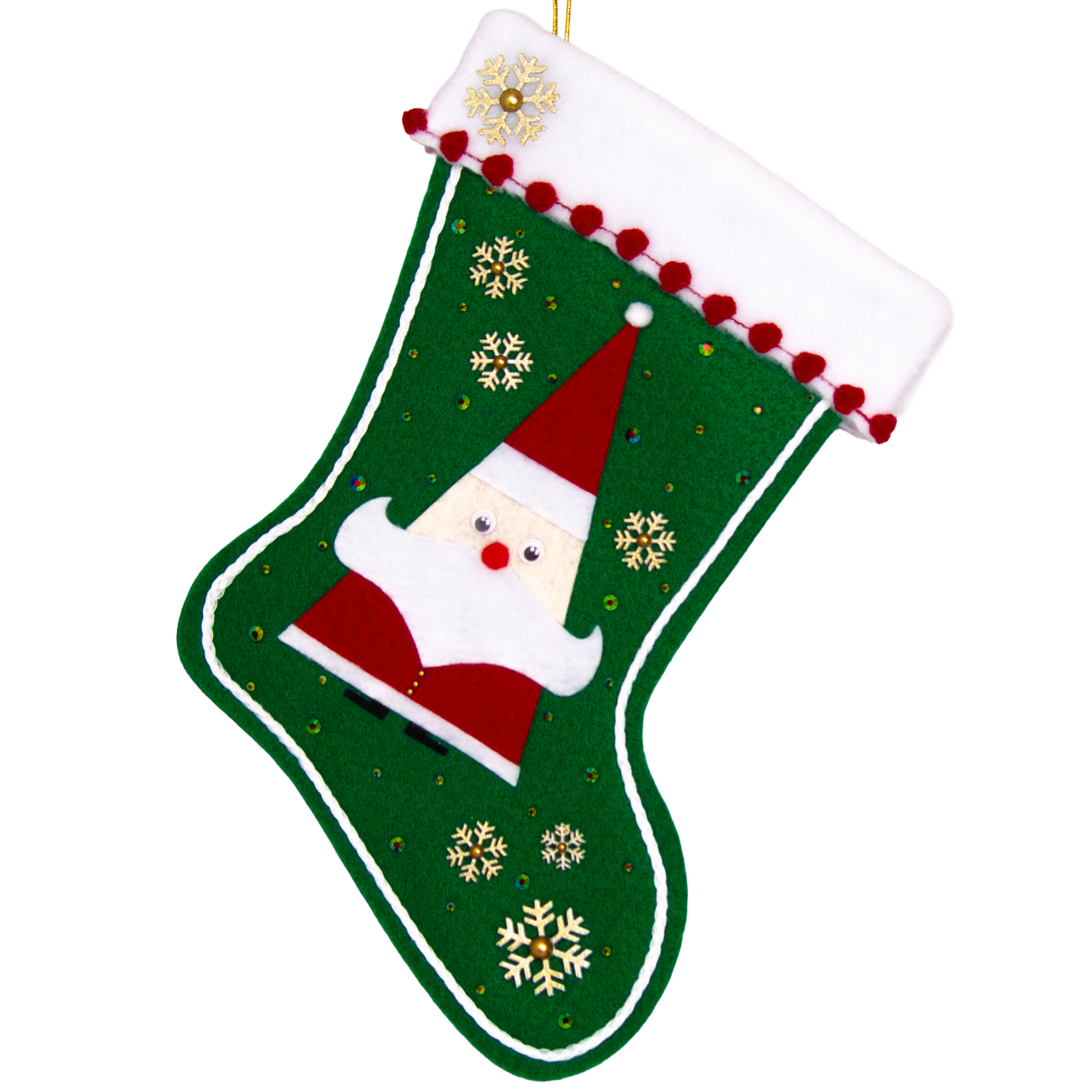 Triangular Santa (Holt Howard for Libbey inspired) in red suit on holiday green felt handmade Christmas stocking with glittered snowflake buttons, poms and decoration in white, red, holographic green & gold. (front of stocking)